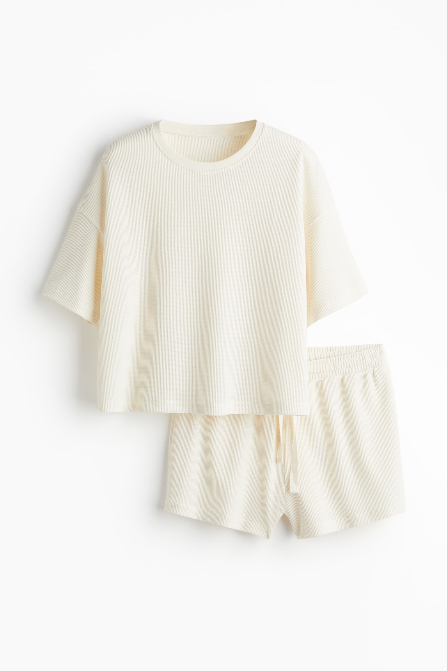 Waffled Pyjama Tee & Shorts Set - White - 2