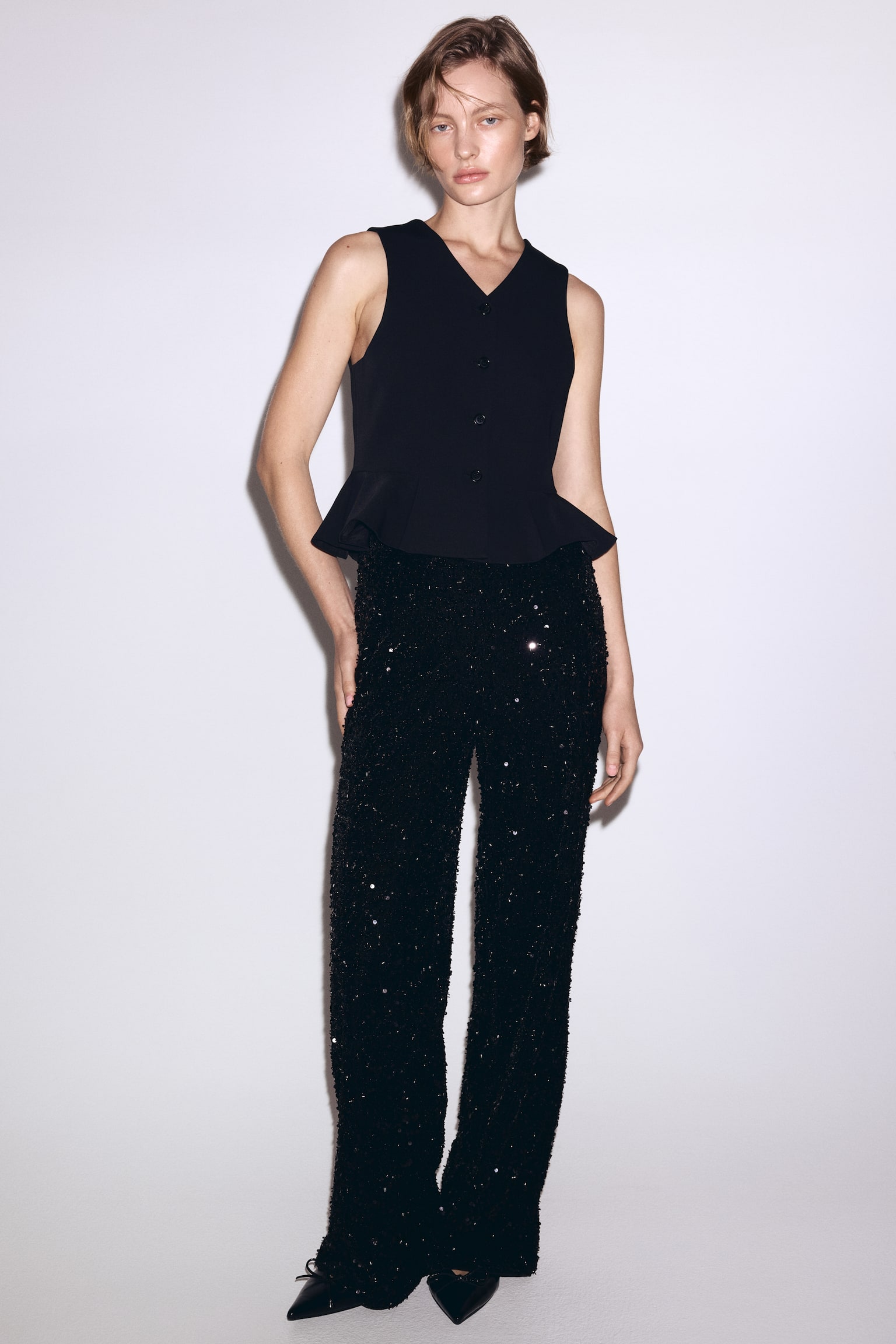 V-neck peplum waistcoat - Black/Cream/Light beige - 5