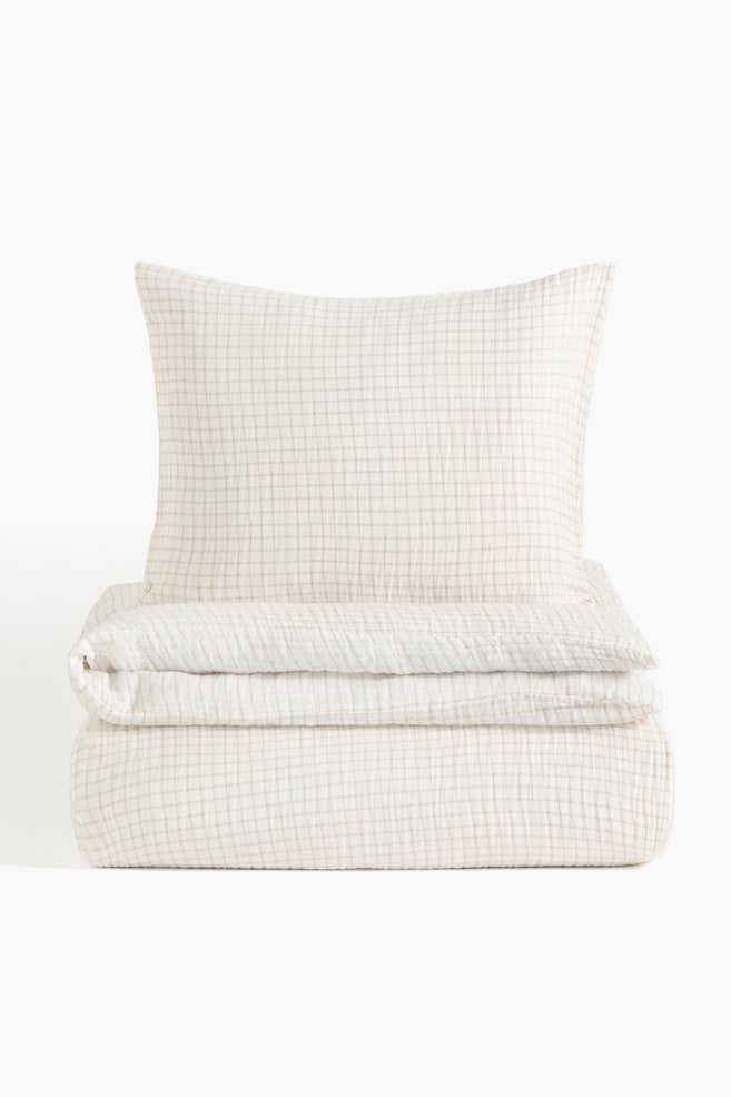 Muslin Twin Duvet Cover Set - White/light taupe checked/White/light dusty blue checked - 1