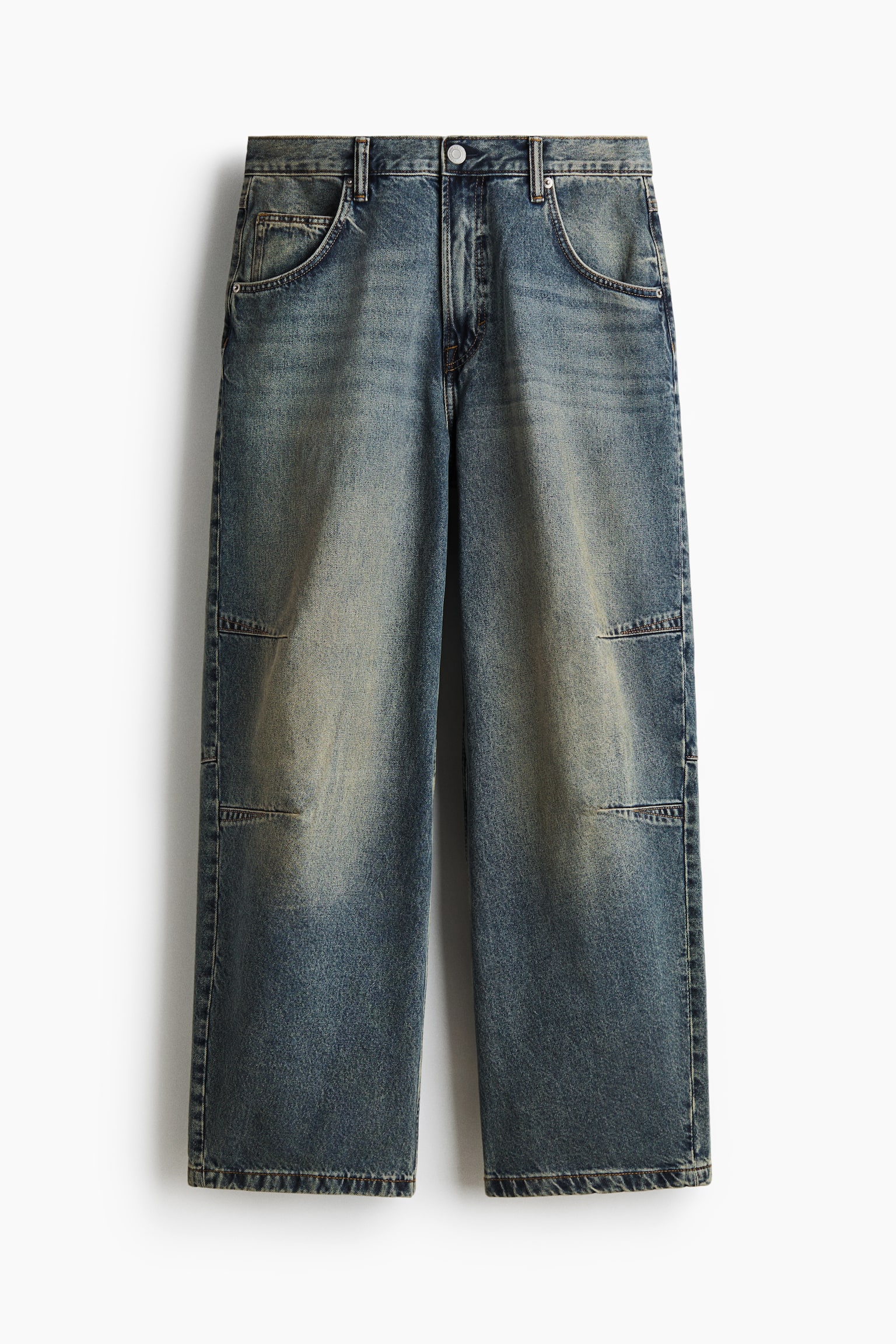 縫合褶牛仔寬版褲 - 灰丹寧藍/黑色