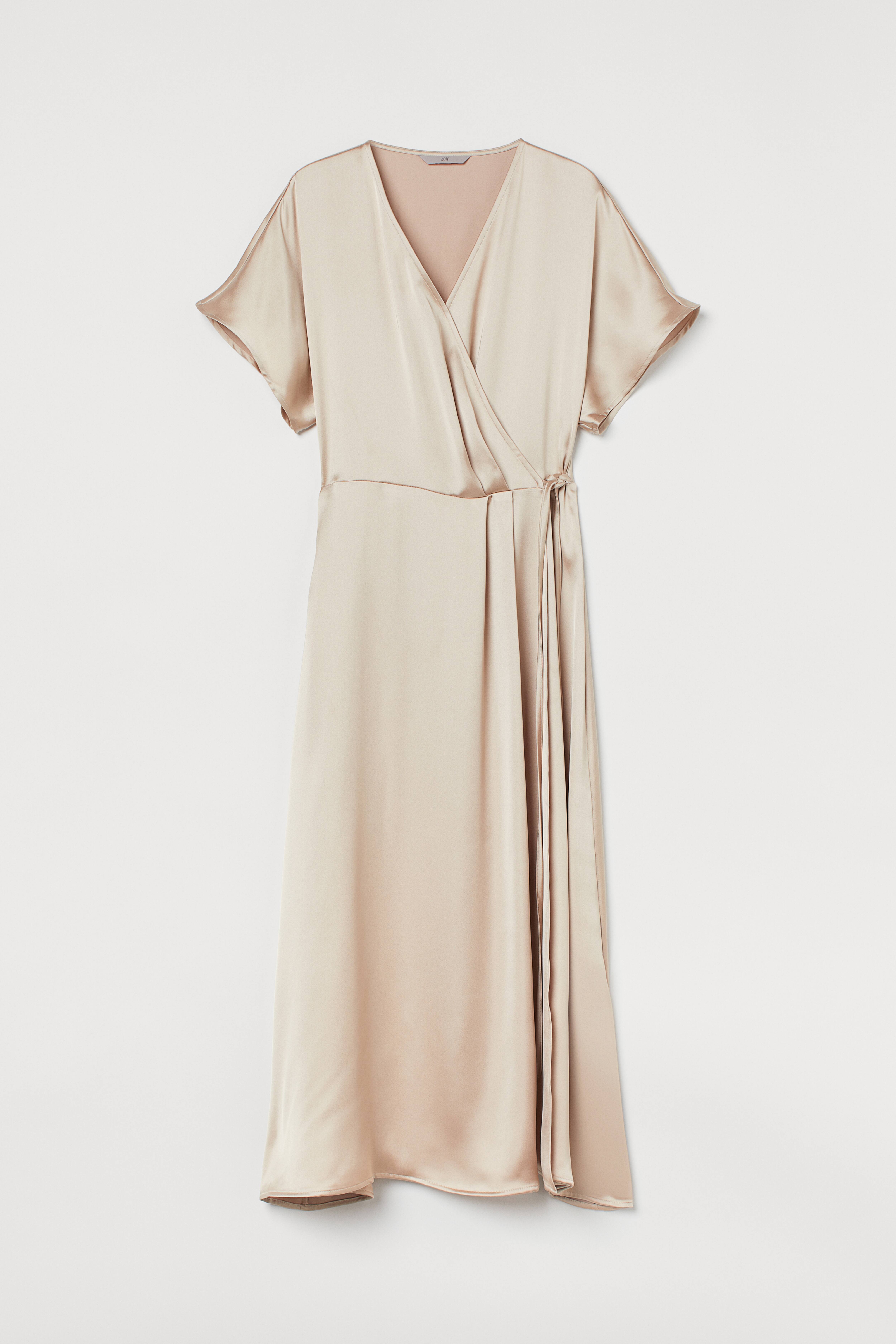 Satin Dress - V-neck - Short sleeve - Light beige - Ladies | H&M US