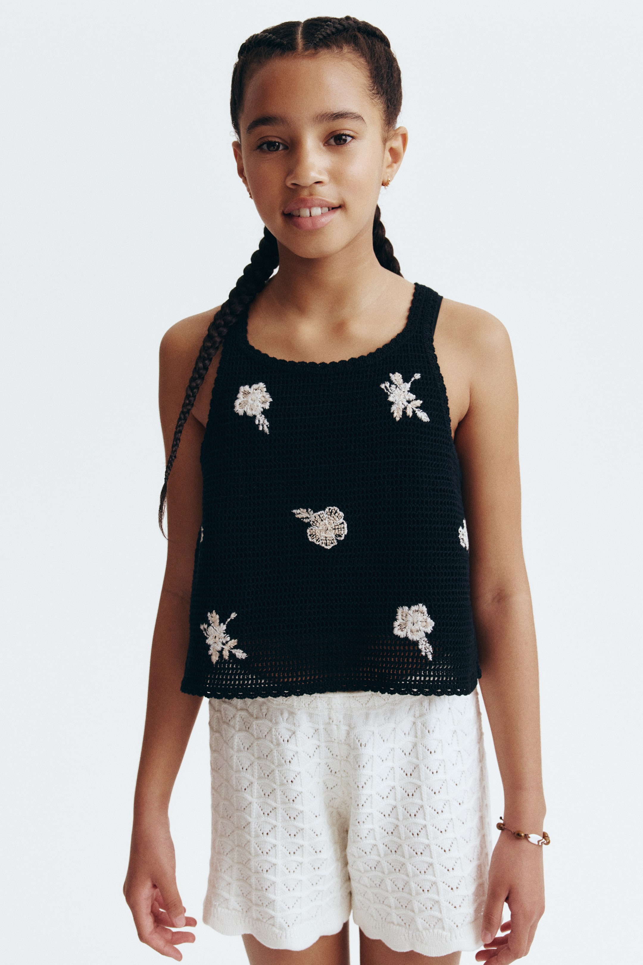 Crochet-Look Tank Top with Embroidery