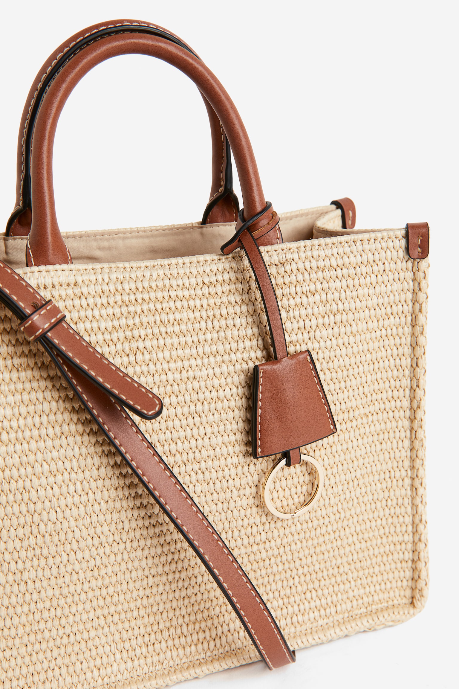 Crossbody Straw Bag - Beige/Brown - 5