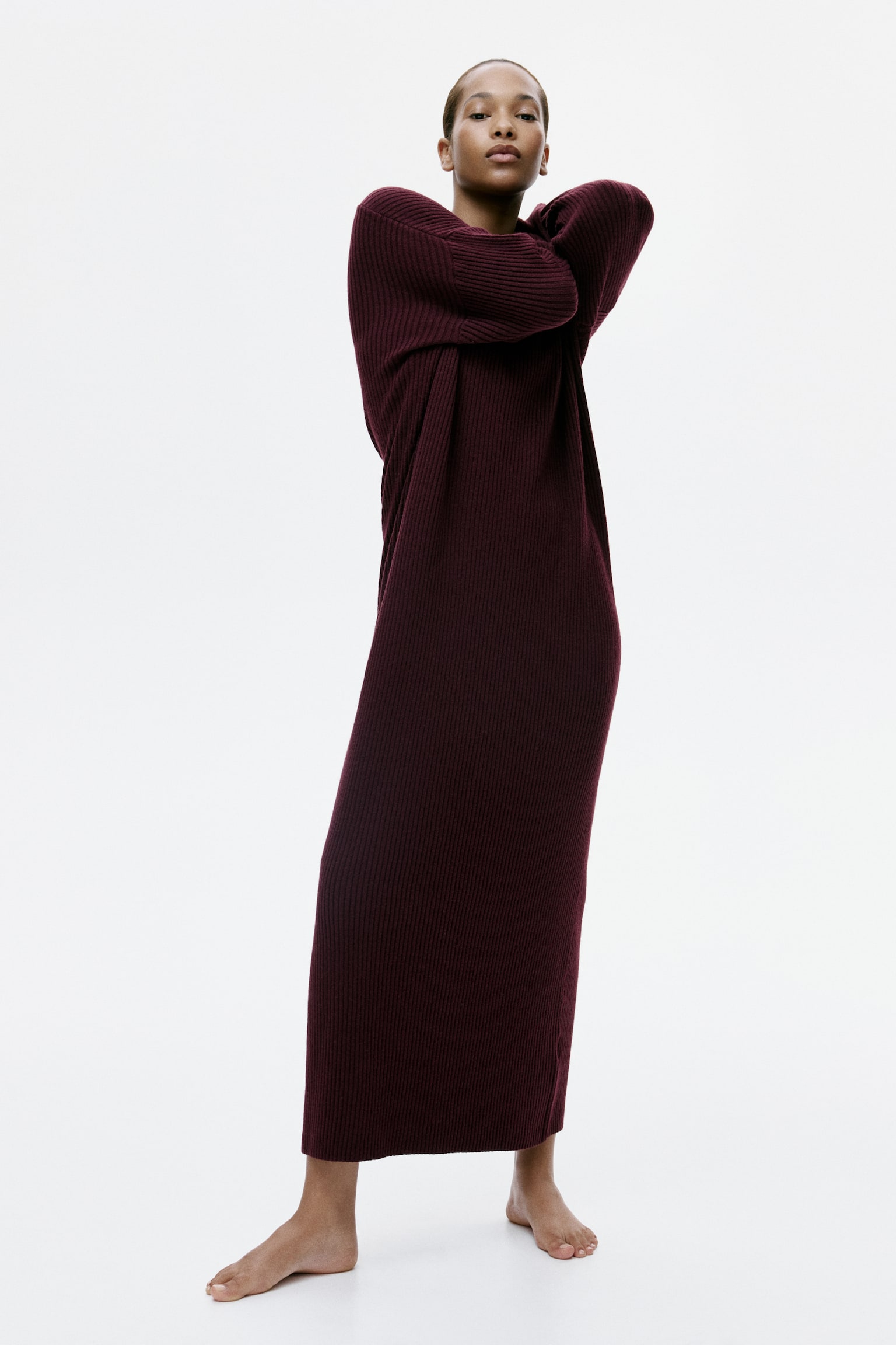 Rib-knit dress - Burgundy/Dark brown - 5
