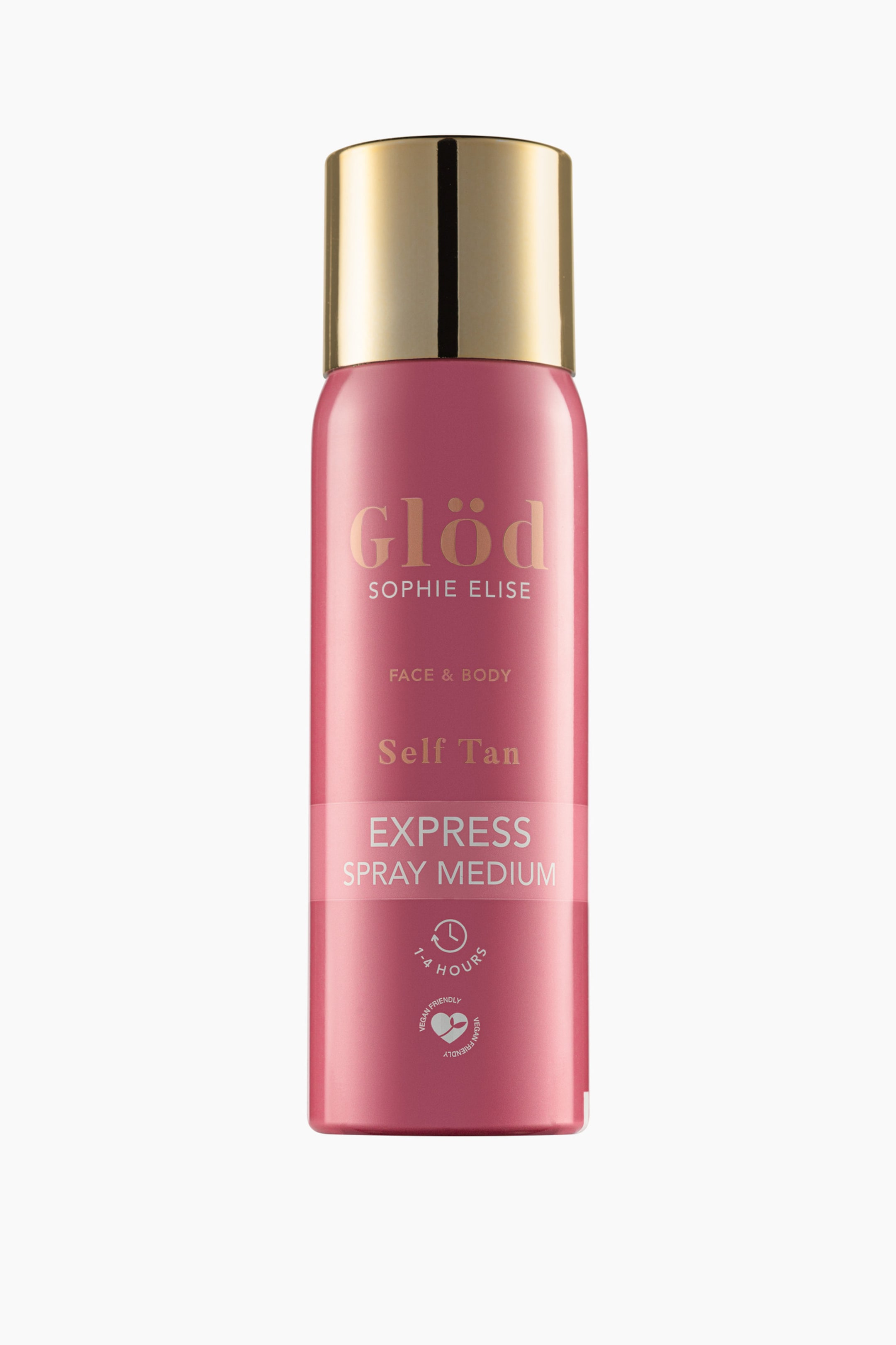 Se større billede: En rosapink selvbruningssprayflaske står oprejst med en metallisk guldfarvet hætte. På forsiden af etiketten står der 'Glød Sophie Elise Face & Body Self Tan Express Spray Medium' med guldfarvede og hvide bogstaver, sammen med ikonerne '1-4 TIMER' og 'VEGAN VENLIG'.