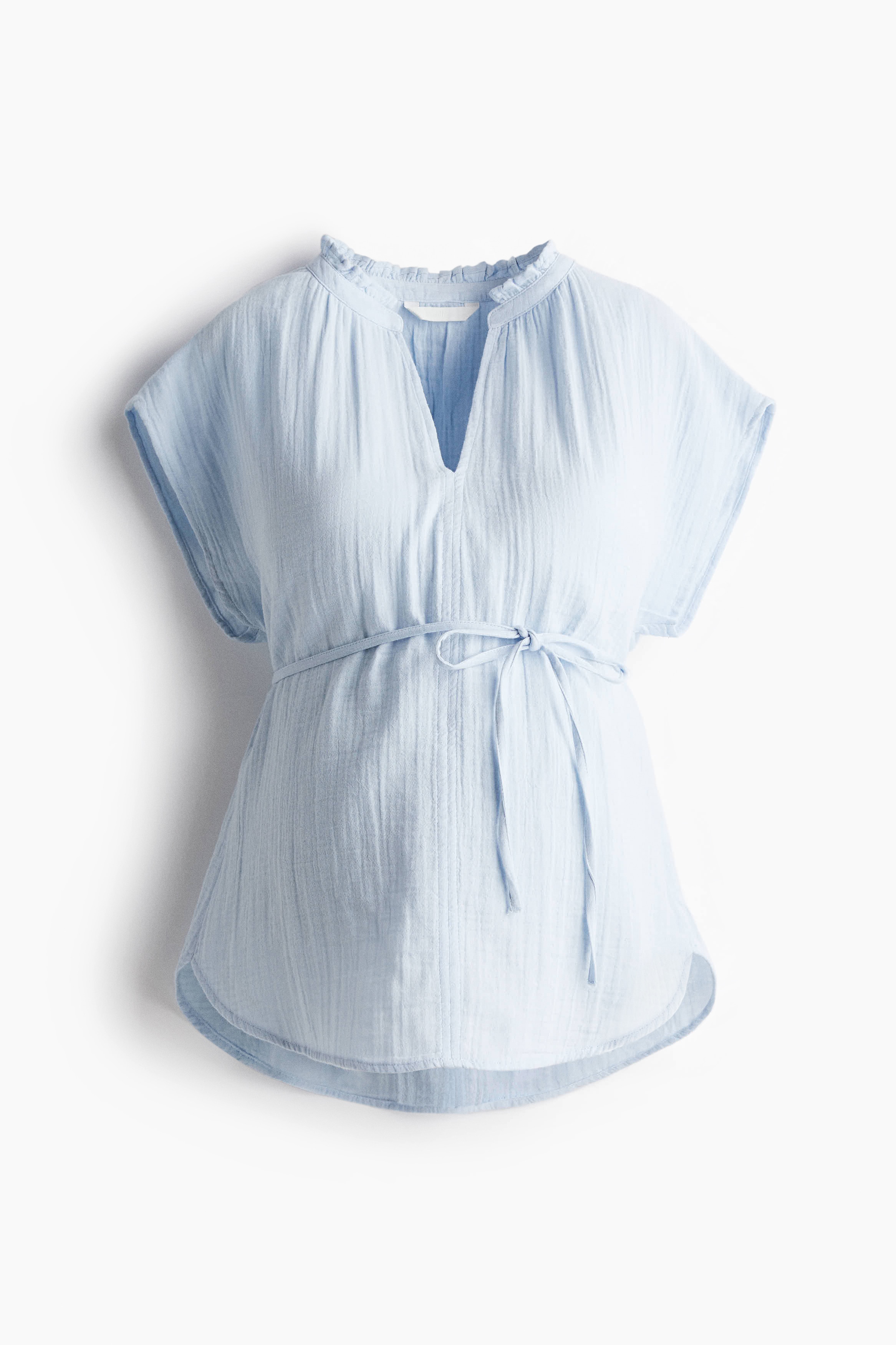 MAMA Tie-belt muslin blouse - Light blue/White