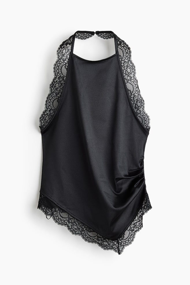 Lace-Trimmed Halterneck Top - Black/Light beige - 1
