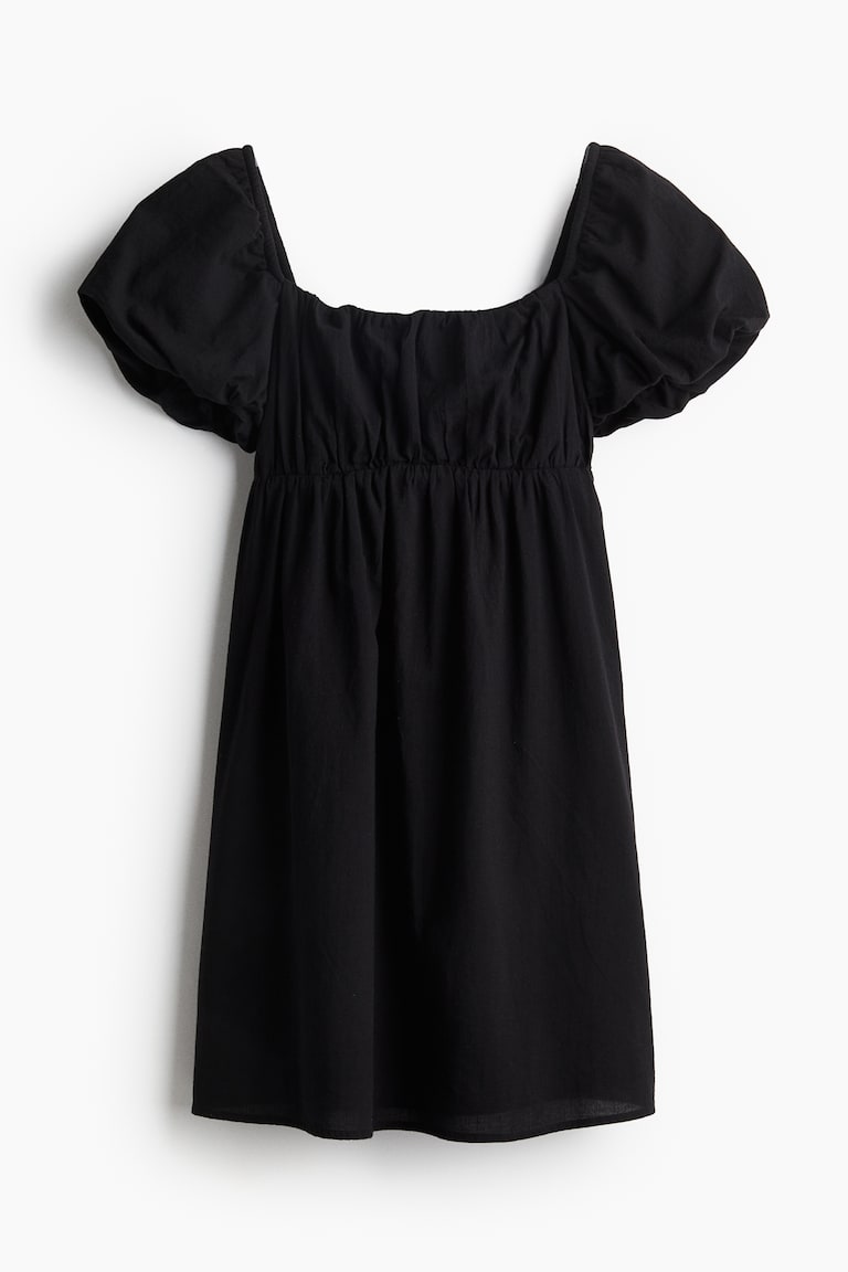 black babydoll dress puff sleeve Women's Front Tie Puff Sleeve Babydoll Mini Dress