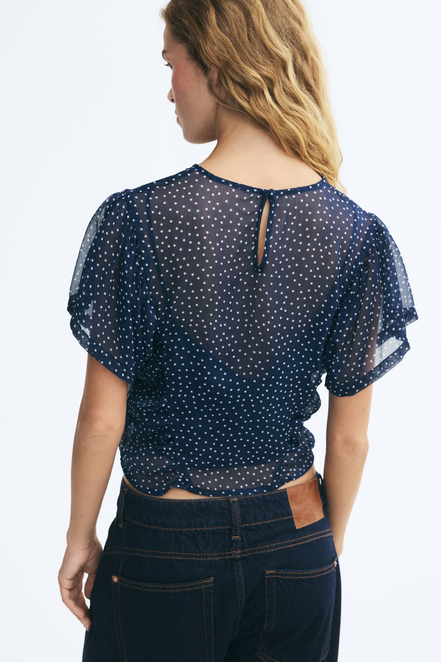 Женская блузка H&M Layered Chiffon, цвет: Тёмный синий / В горошек — фото 4