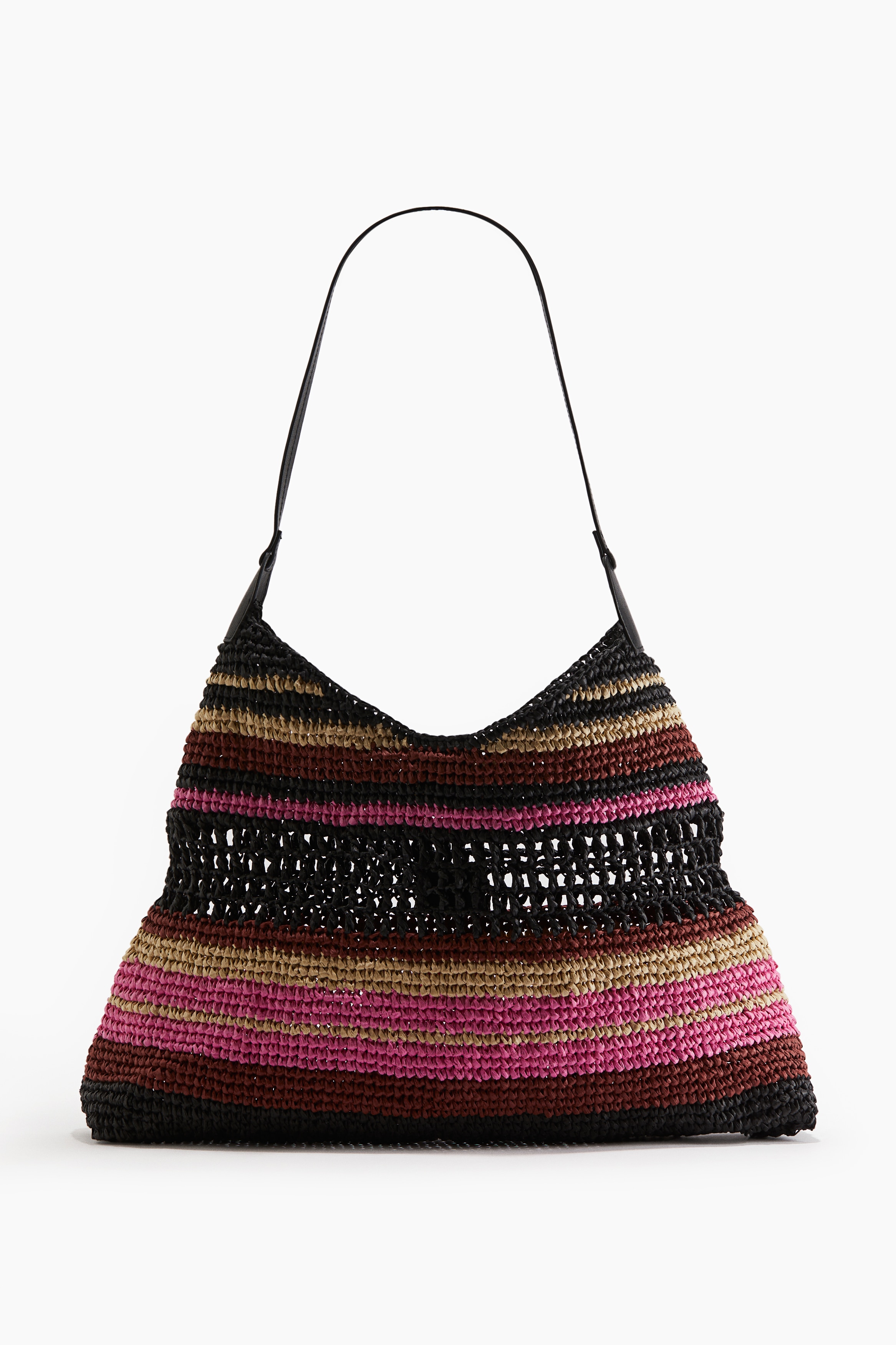 Schoudertas van papierstro - Zwart/gestreept/Beige