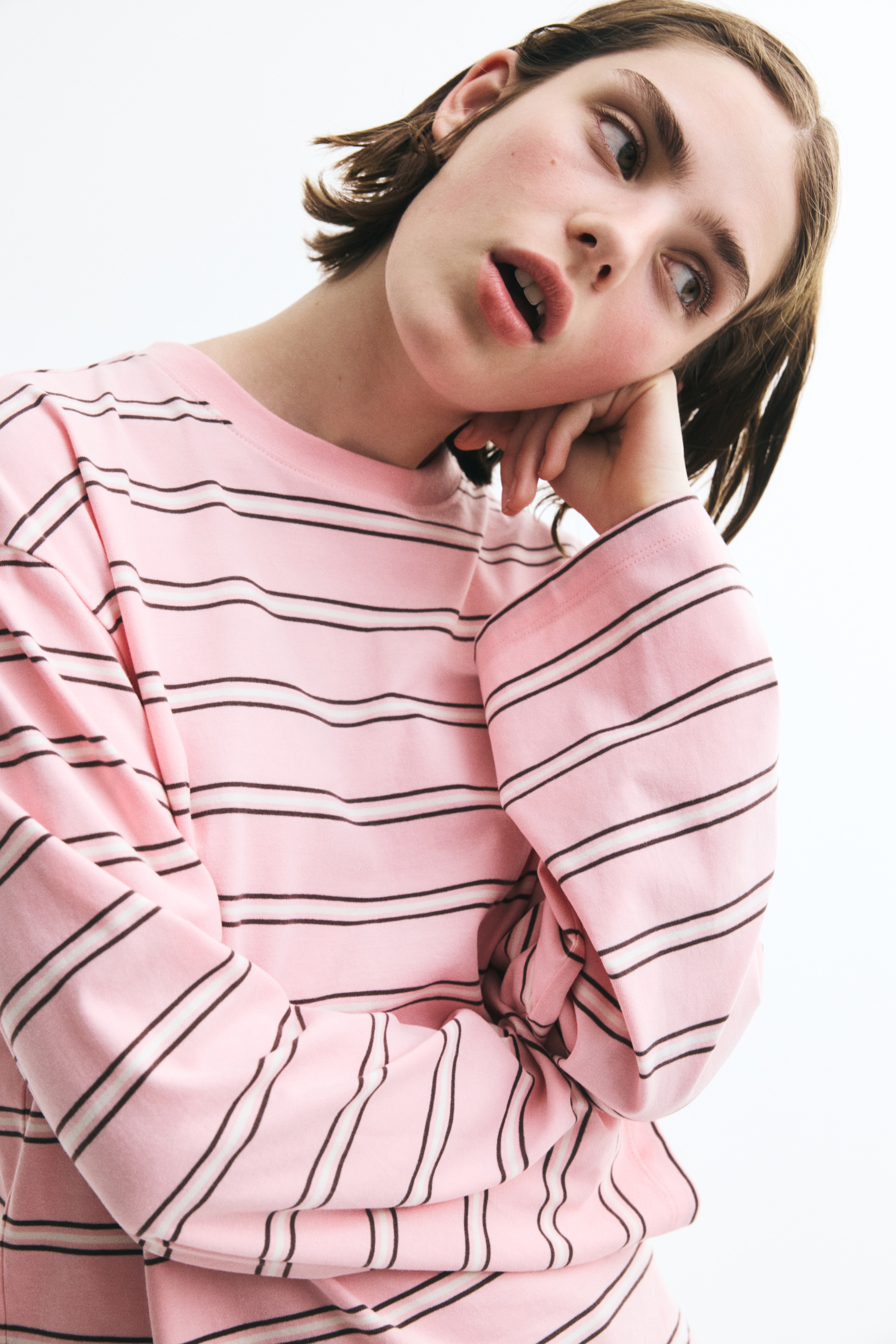 Haut à manches longues en coton - Rose/rayé/Gris chiné/rayé/Brun foncé/rayé