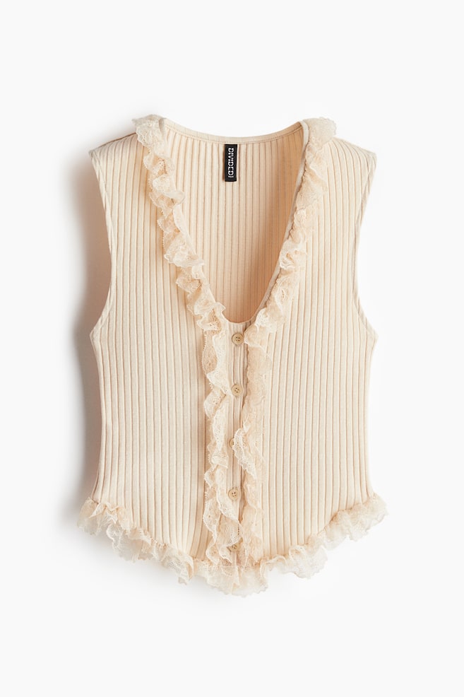 Geripptes Tanktop mit Spitzendetails - Hellbeige - 1