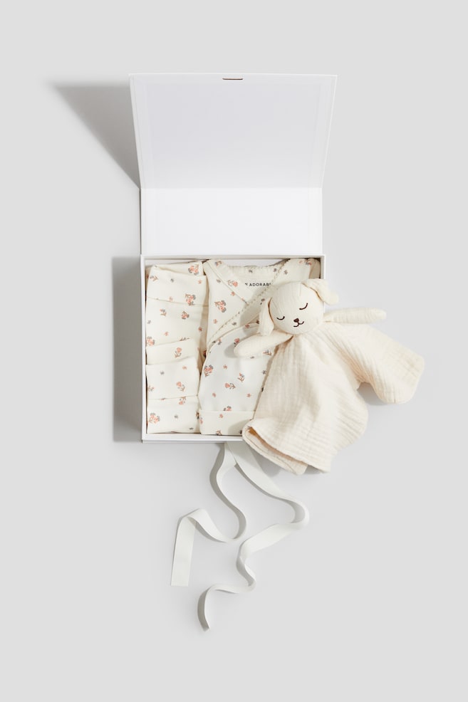Caixa de oferta com 4 peças em algodão - Creme/Floral - 1