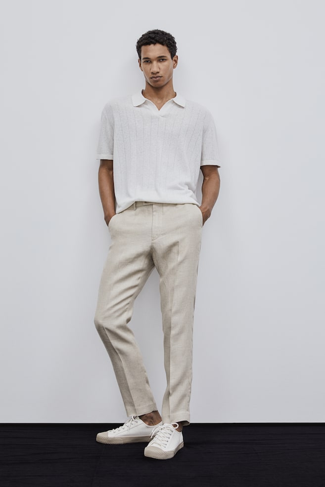 Slim Fit Linen Suit Pants - Beige - 1