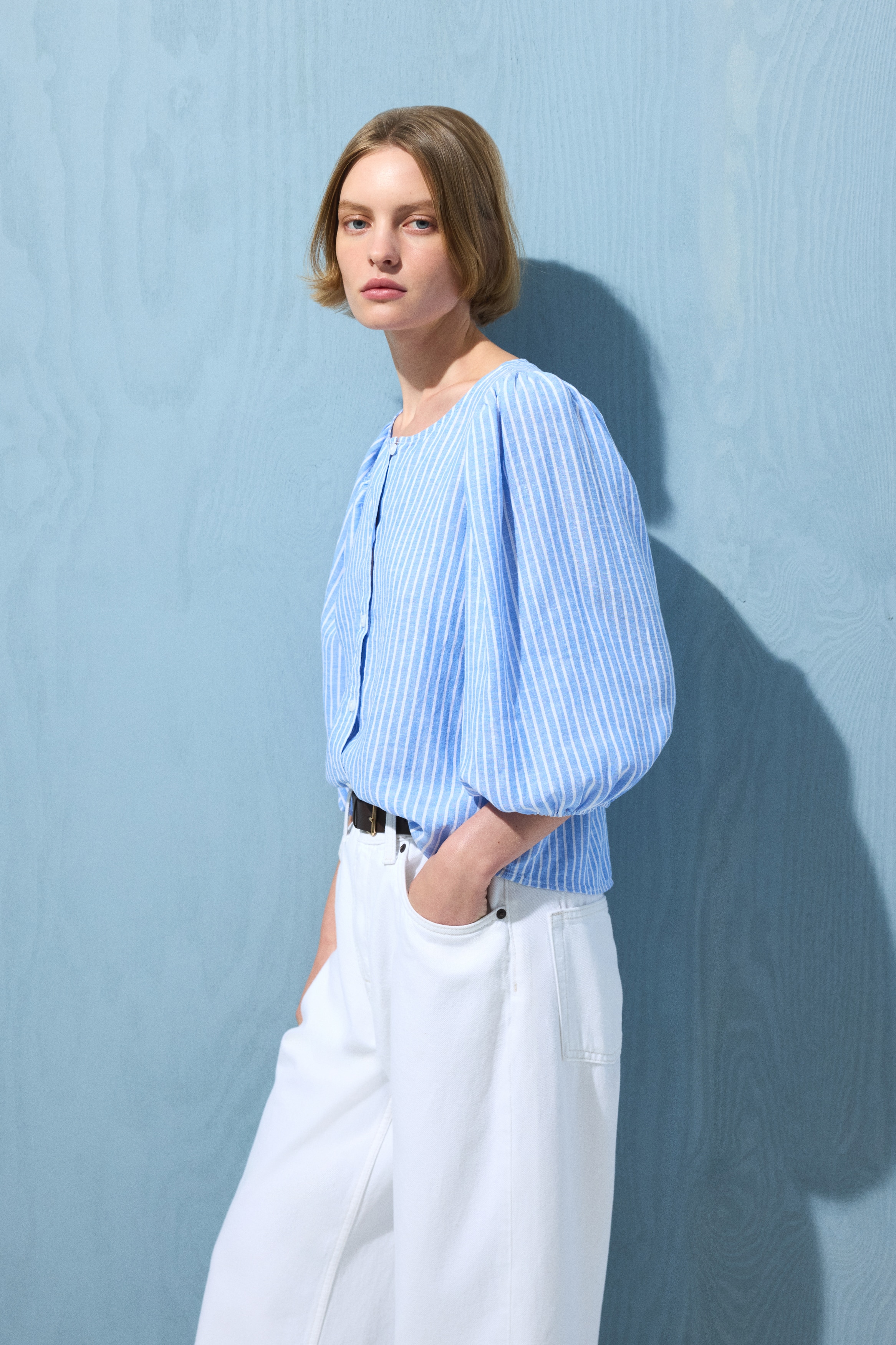 亞麻混紡女衫 - 淺藍色/白色條紋/白色/花朵/粉紅色/白色