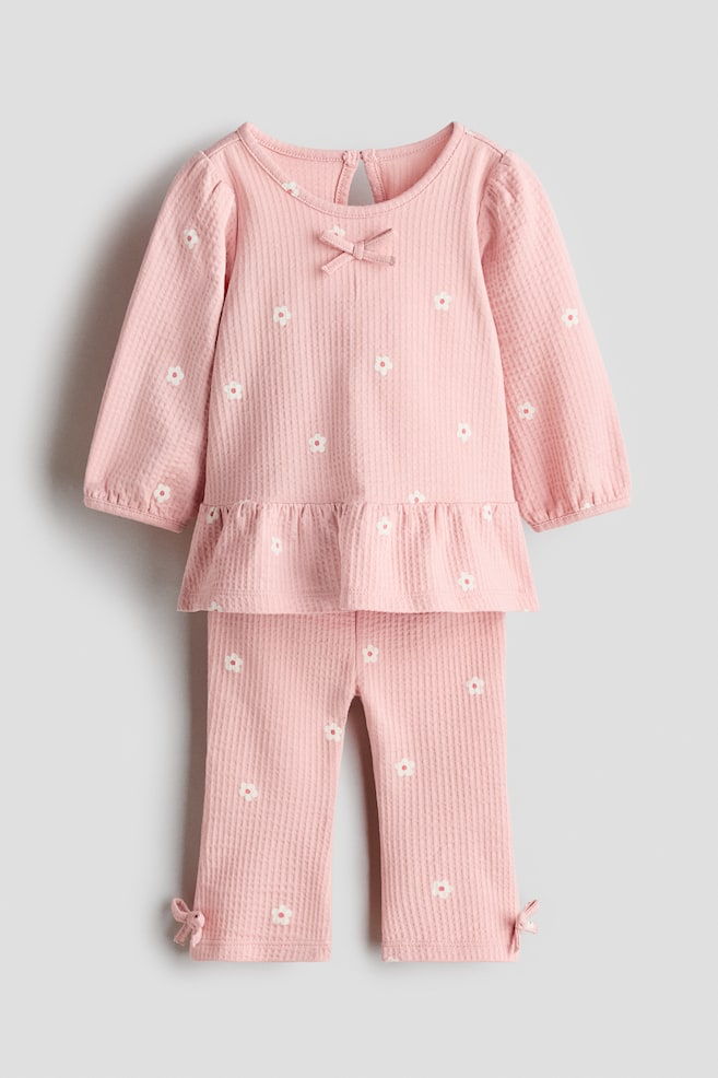 2-piece Waffled Cotton Set - Light pink/Floral/Light turquoise/Bows - 1