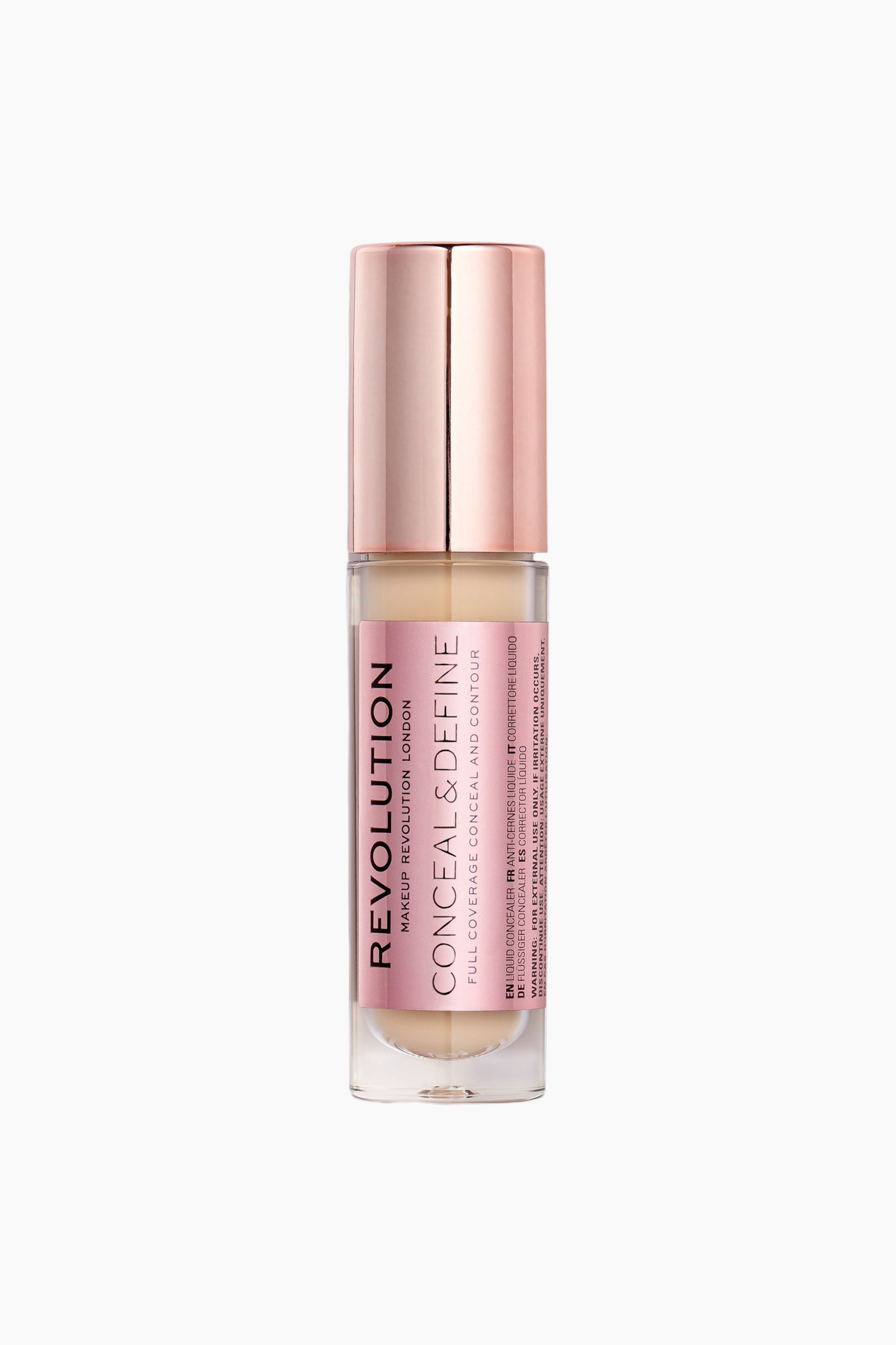 Größeres Bild ansehen: Eine zylindrische Flasche des Concealers Makeup Revolution Conceal & Define steht aufrecht und zeigt durch ihre transparente Tube eine hell getönte Flüssigkeit. Die Flasche verfügt über einen metallisch roségoldenen Deckel und ein passendes roségoldenes Etikett mit schwarzer Markenbeschriftung.