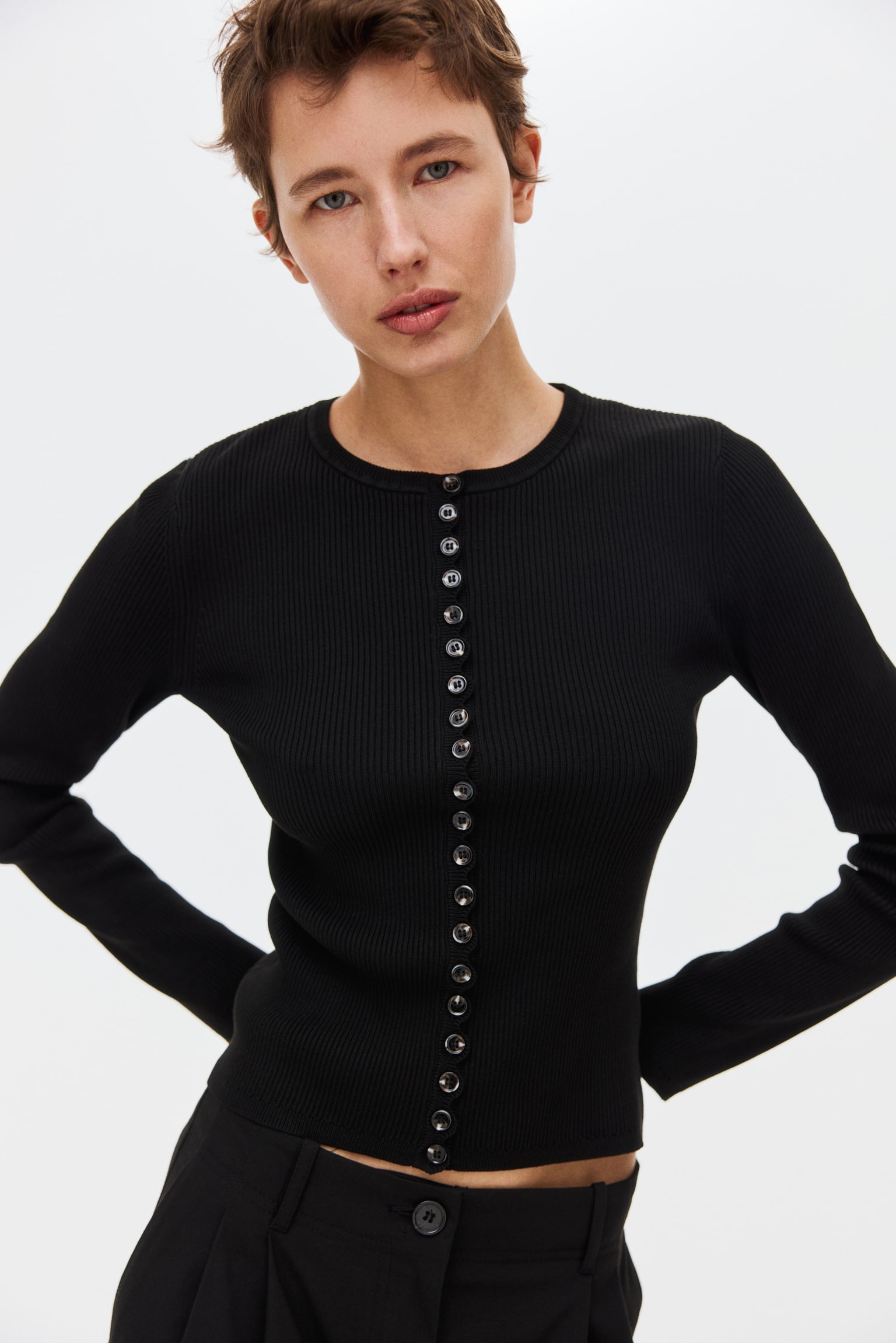 Ribbed Cardigan - Black/Brown - 3