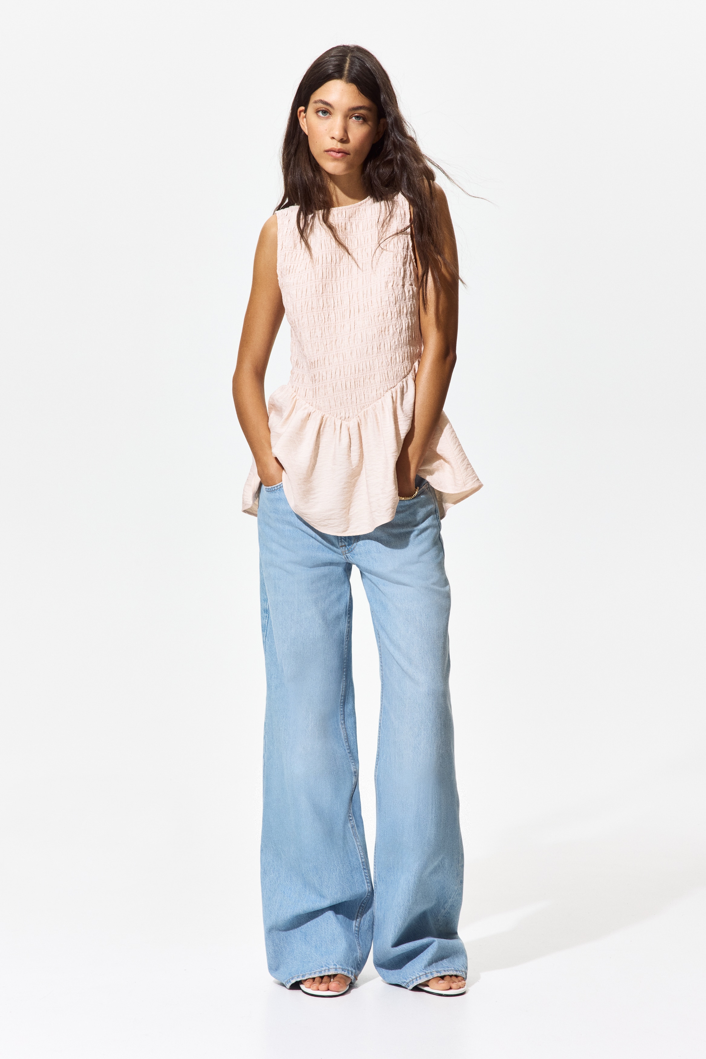 Smocked tie-back peplum top - Powder pink