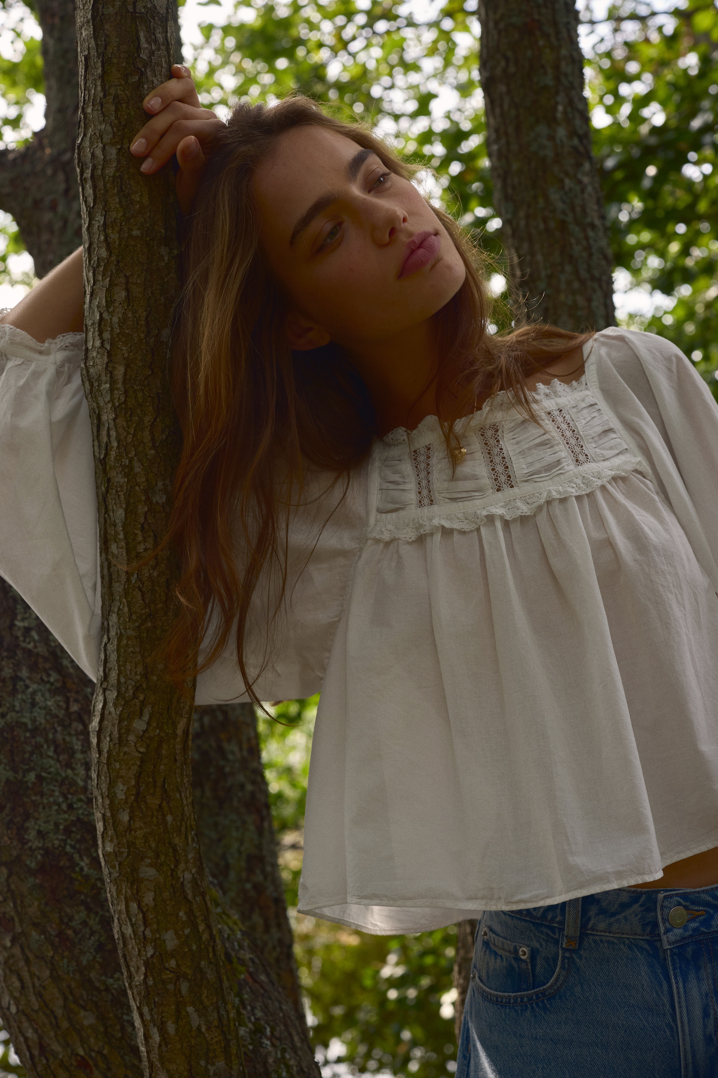 Lace-trimmed cotton blouse