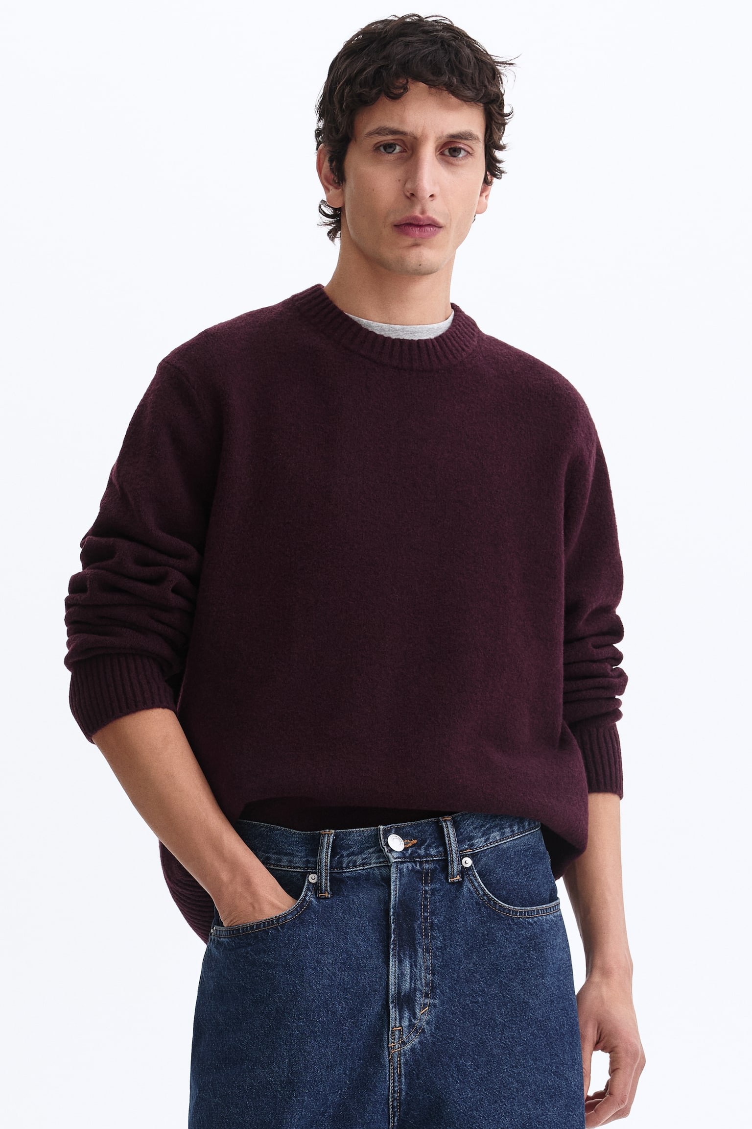 סוודר מוברש Regular Fit - בורדו/תכלת - 1