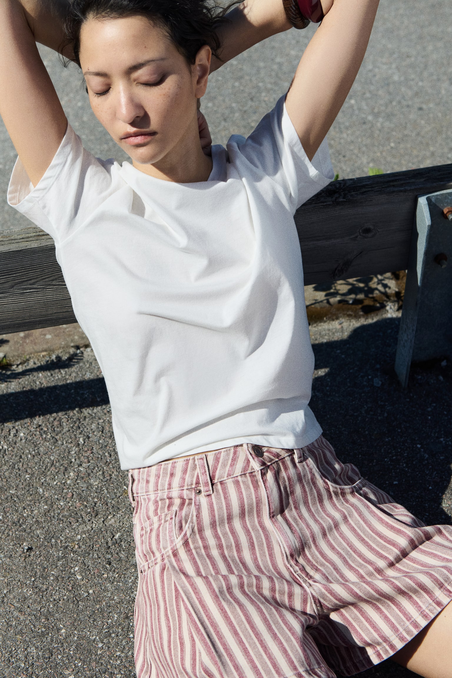 Cotton denim shorts - Light beige/striped - 1