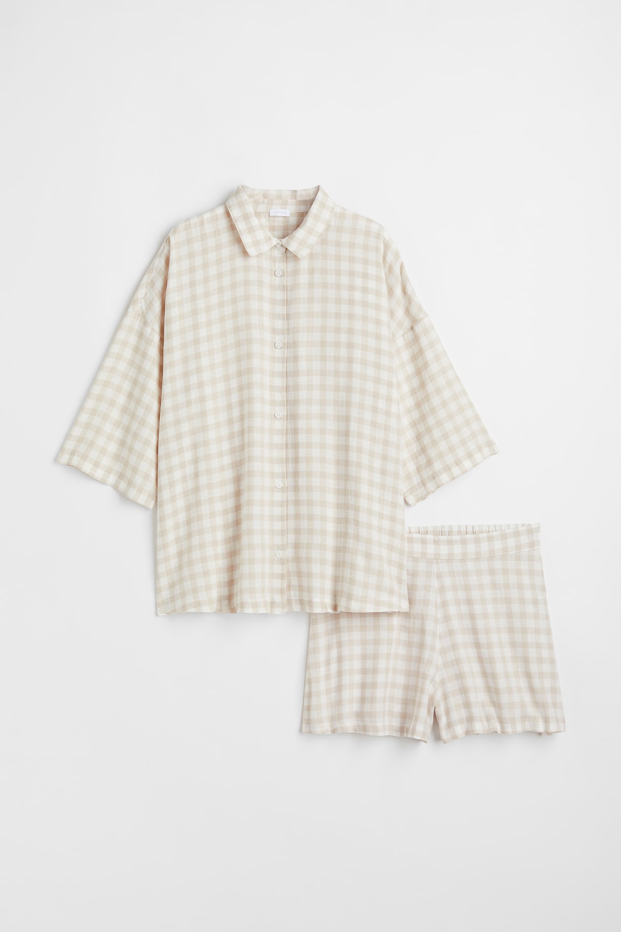 Linen-blend pyjamas - 3/4 sleeve - Short - Light beige/Checked - Home ...