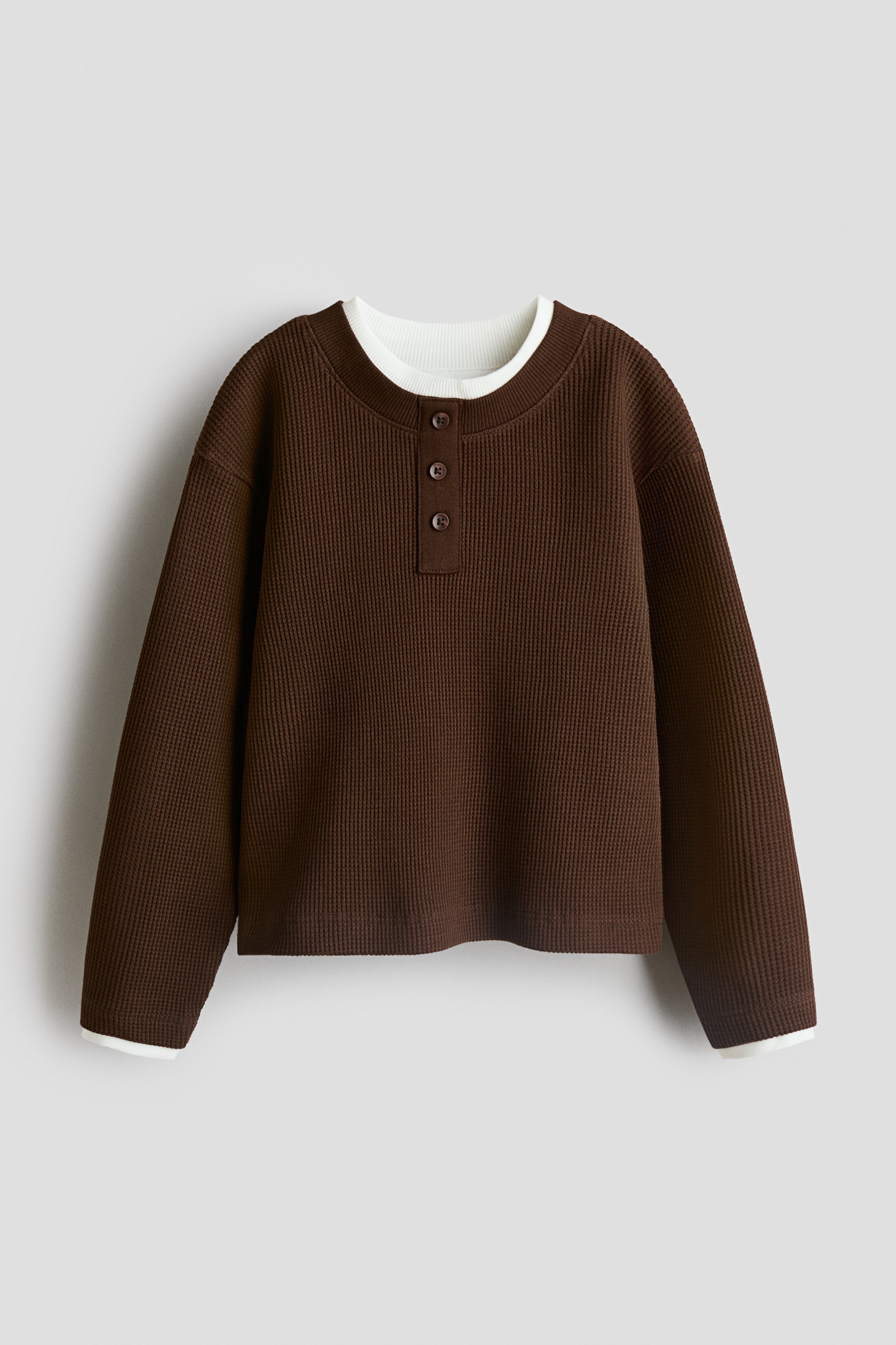 レイヤードルックワッフルTシャツ - ダークブラウン/ブラック／ホワイト