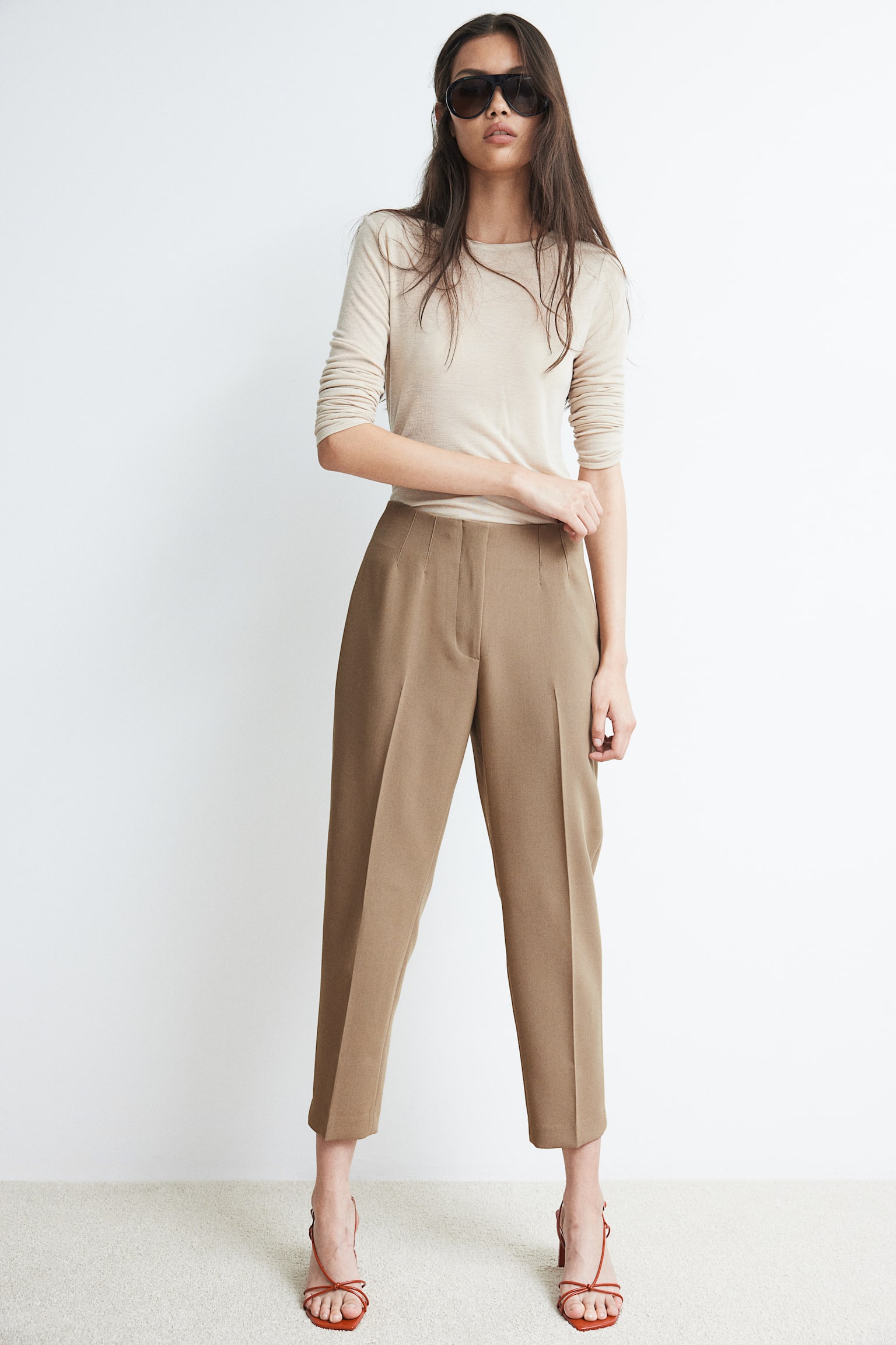 Ankle-length cigarette trousers - Dark beige/Black/Grey marl/Navy blue - 4