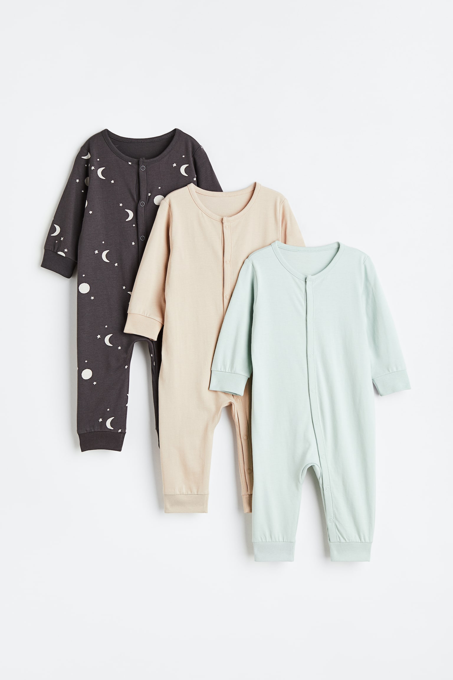 3-pack Cotton Sleepsuits - Dark grey/Moons/Light beige/Giraffes/Dark blue/Stripe/White/Frogs/Light beige/Zebras/Light blue/Birds/Natural white/Floral/White/Pattern/Purple/Floral/Light purple/Floral/Dark grey/Stripe - 1