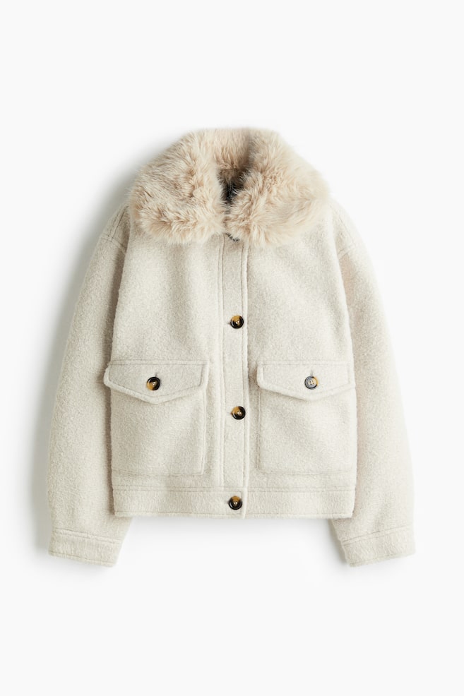 Fluffy-collar twill jacket - Light beige/Dark brown/Light beige/Checked/Light beige/Beige - 1