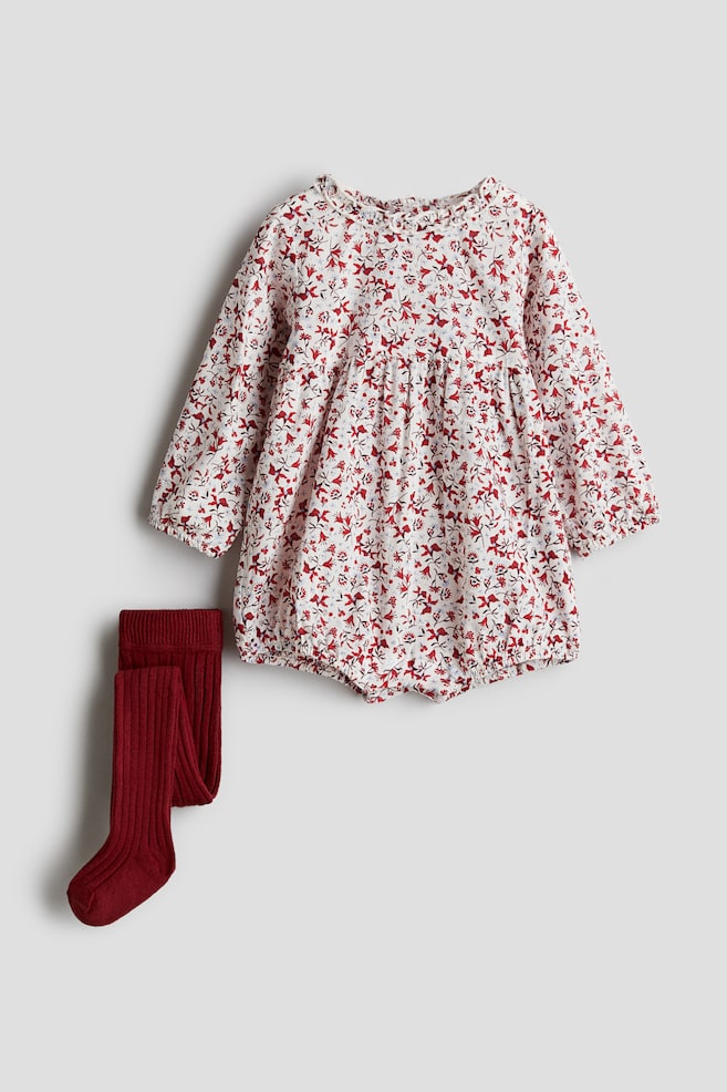 2-piece Romper Suit and Tights Set - White/floral - 1
