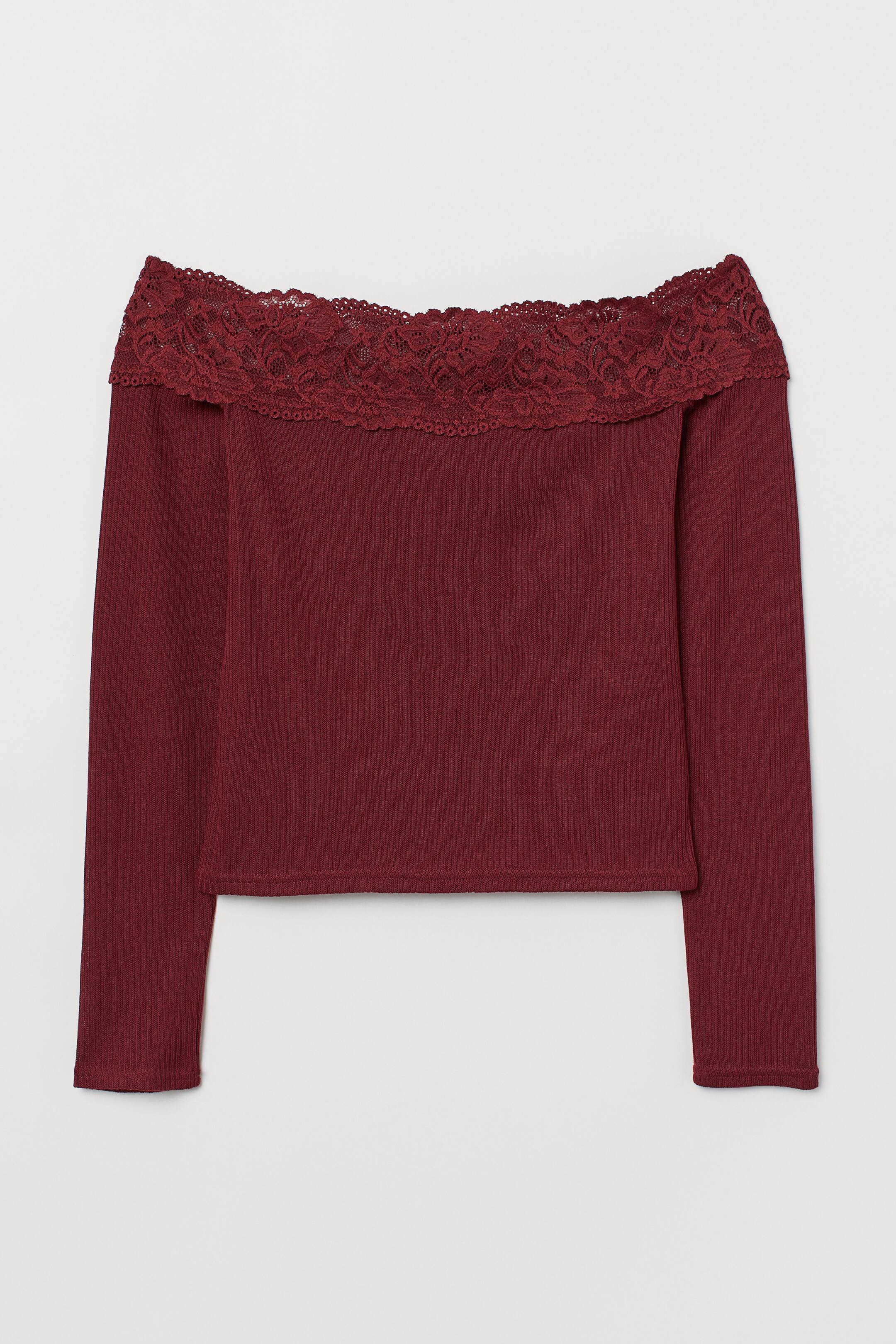 Off shoulder-topp - Langt erme - Mørk rød - DAME | H&M NO