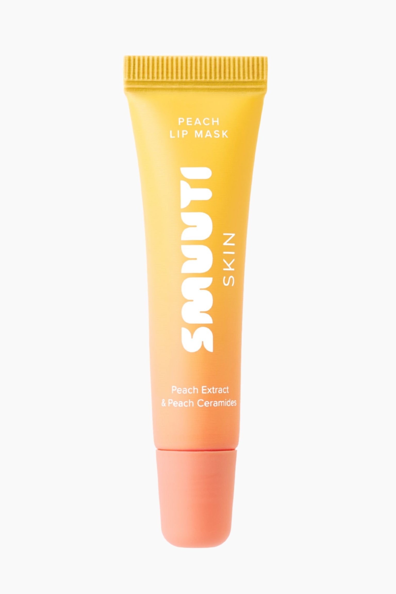 En frontvendt visning viser en squeeze-tube med Peach Lip Mask, der har en farvegradient, som gÃ¥r fra gul Ã¸verst til ferskenfarvet nederst. Tuben viser brandnavnet "SMUUTI SKIN" lodret i fed, hvid skrift og inkluderer teksten "PEACH LIP MASK" og "Peach Extract & Peach Ceramides" pÃ¥ forsiden. - 1