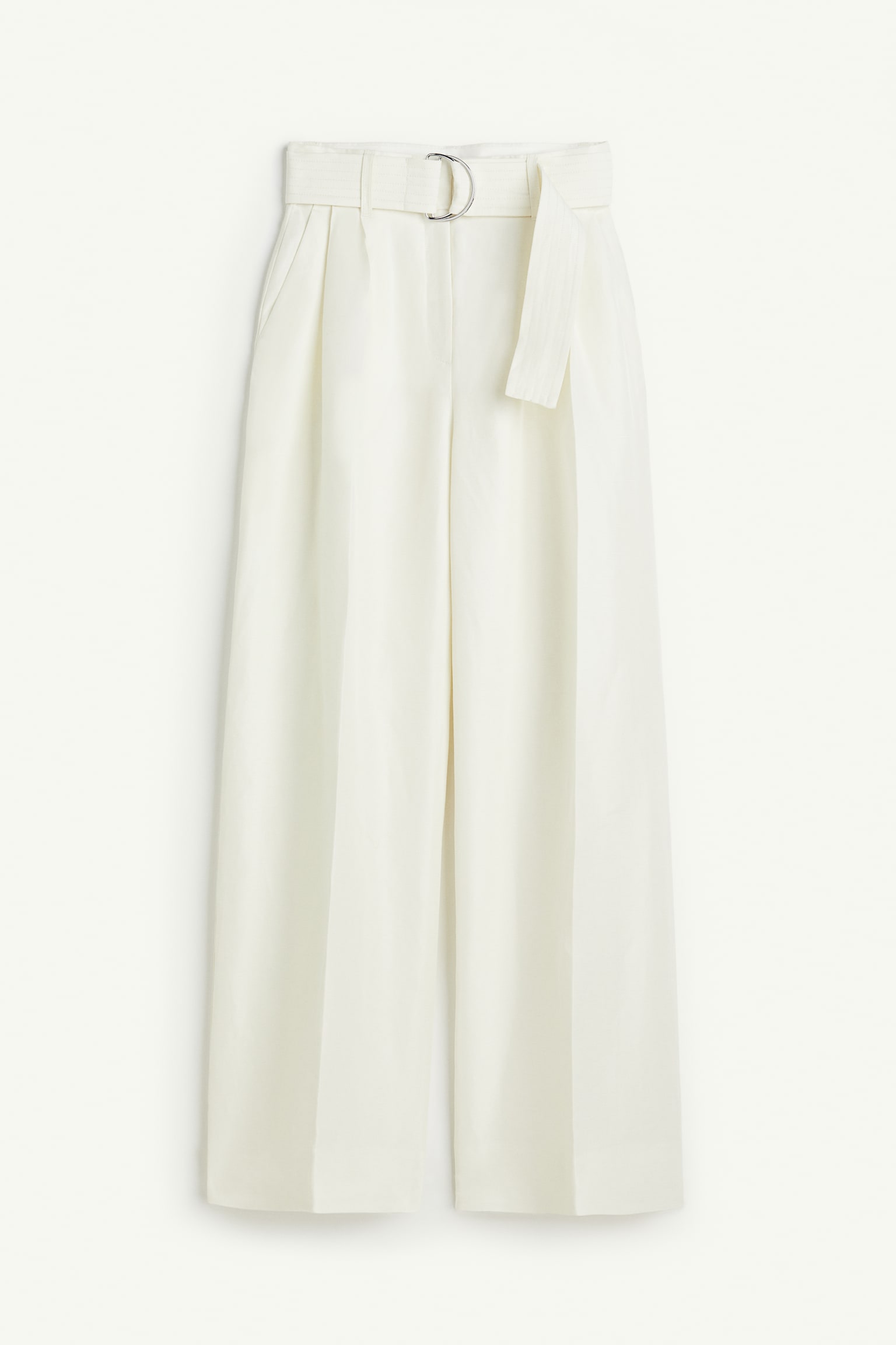 Linen Blend Belted Pants - White - 2