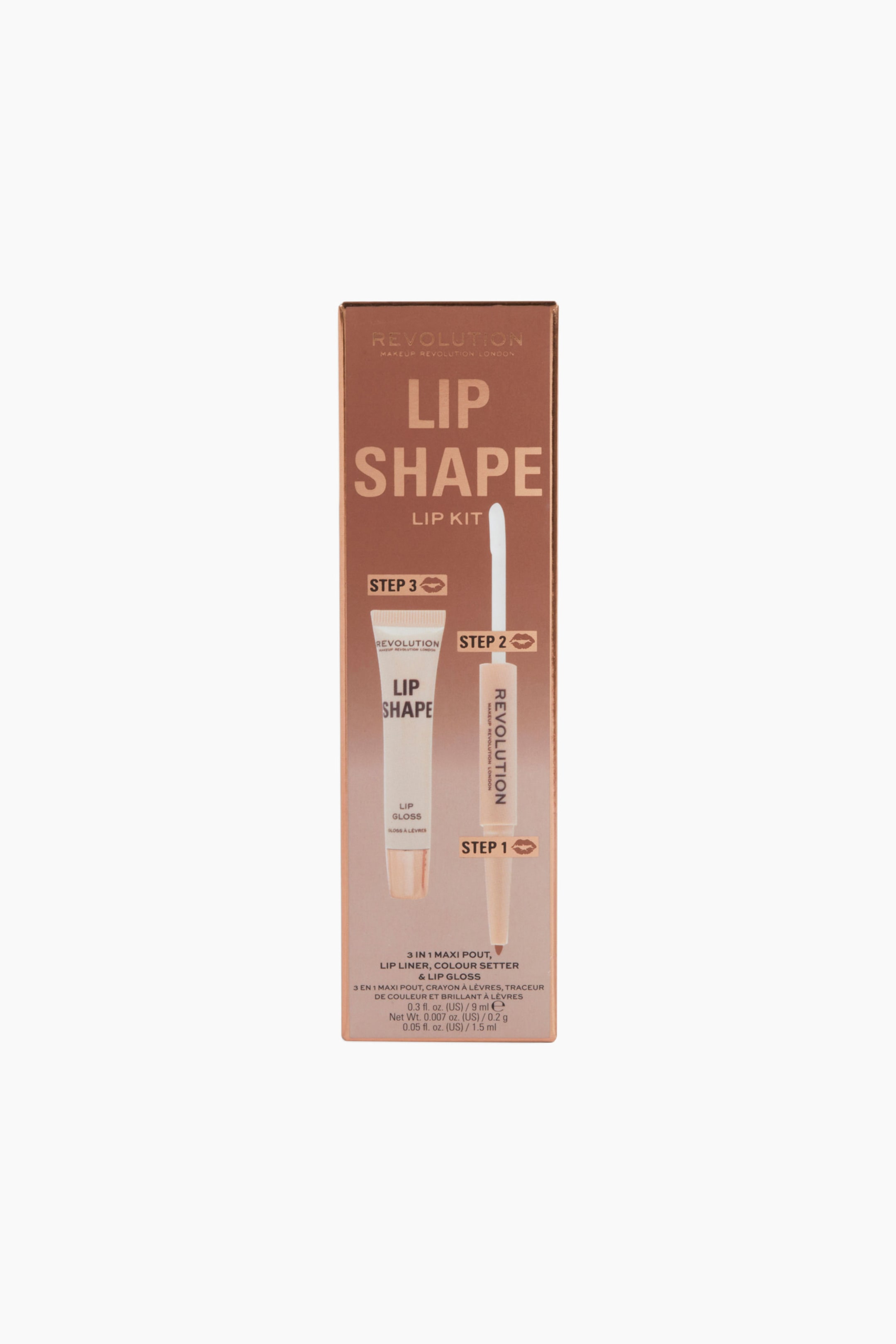 Visa större bild: Lip Shape Lip Kit står upprätt i en framifrån-vy och visar sin rektangulära förpackning i metallisk roséguld. Kartongens framsida visar produktillustrationer och textetiketter för en appliceringsprocess i tre steg, med en dubbelsidig läppenna och en färgfixerare tillsammans med en tub läppglans.