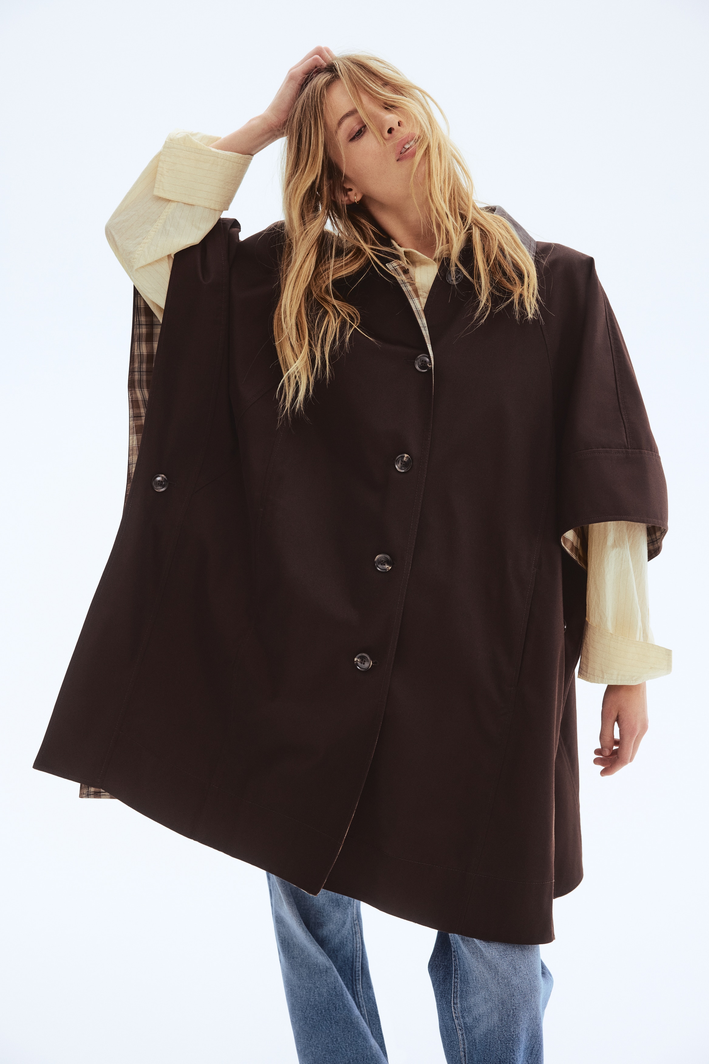 襟付きケープコート - ダークブラウン - レディース | H&M JP