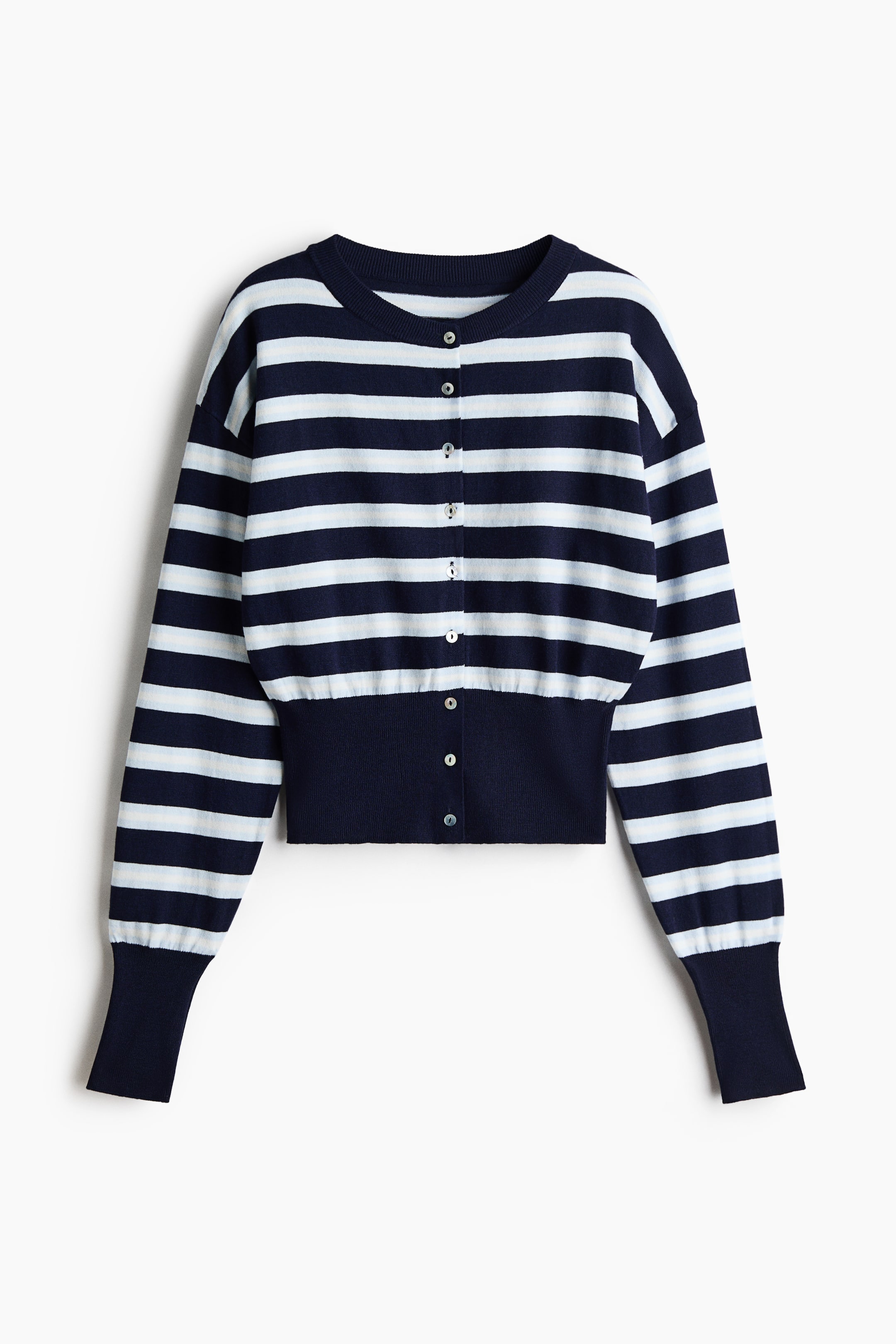 View larger image: A striped knit cardigan is shown facing front, displaying horizontal stripes in navy, white, and light blue. It features a crew neck, a button-down front with light-coloured buttons, drop shoulders, and long sleeves ending in elongated, solid navy ribbed cuffs to match the wide ribbed waistband.