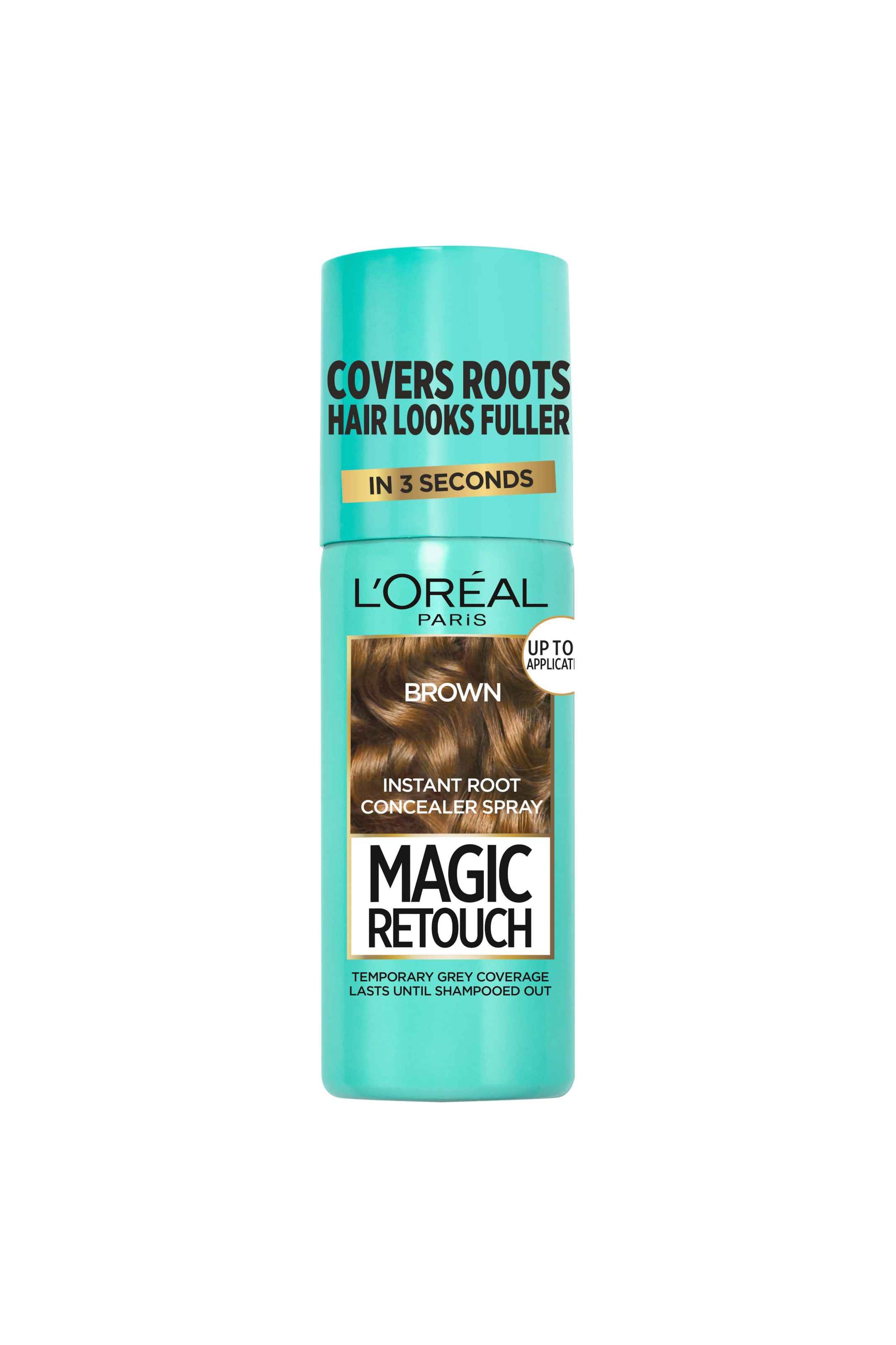 Visa större bild: En cylindrisk turkos sprayflaska med L'Oréal Paris Magic Retouch Instant Root Concealer Spray i brunt står upprätt och vänd framåt. Flaskan har ett matchande turkost lock med svart text och en etikett som visar en bild av vågigt brunt hår tillsammans med produktinformation och varumärkesprofilering.
