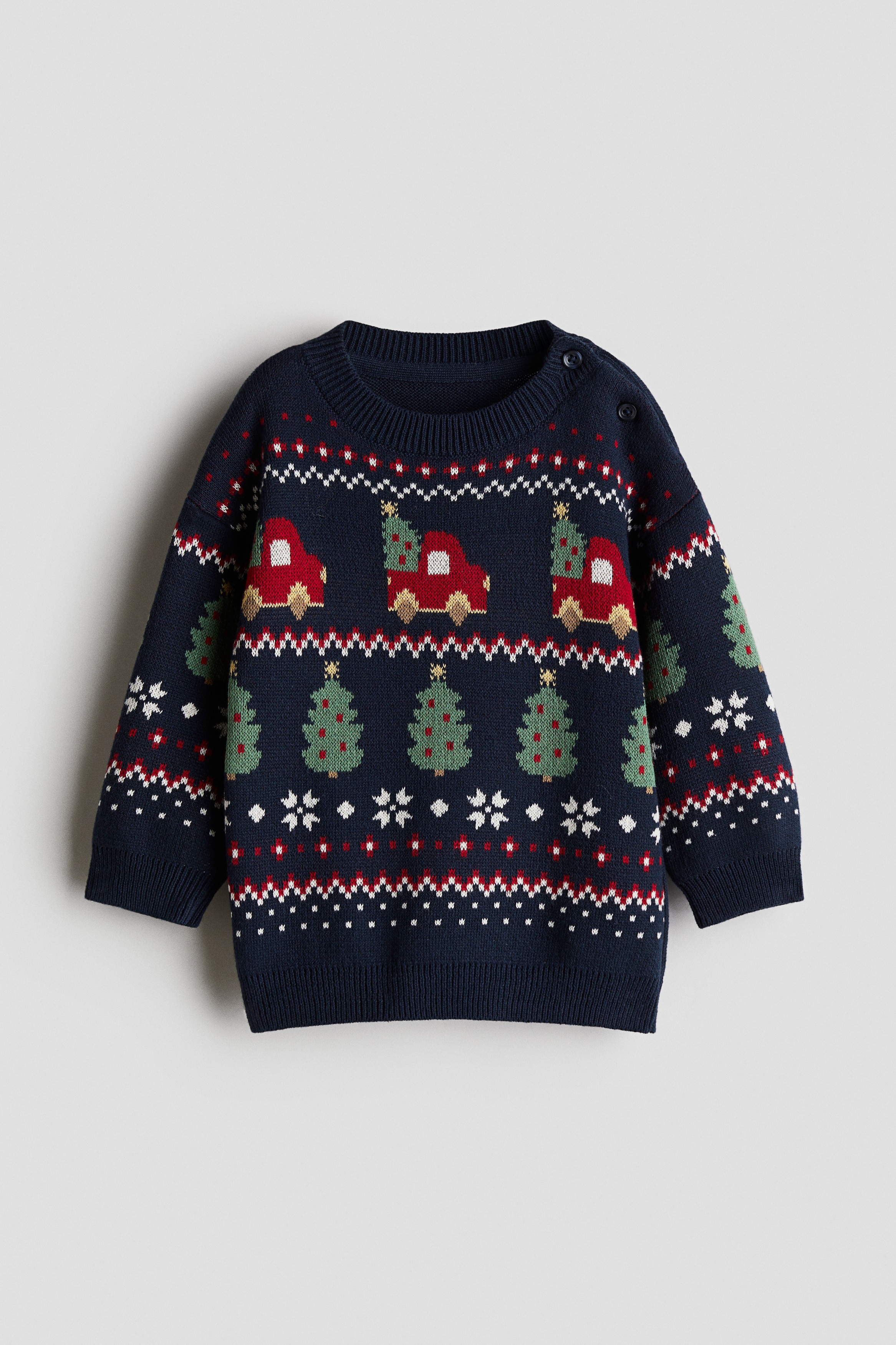 Jacquardgebreide trui - Marineblauw/kerstbomen/Wit/muis/Lichtbeige/kerst