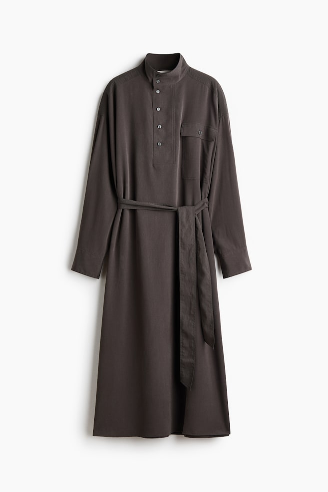 Vestido de manga larga con cinturón de anudar - Gris oscuro - 1