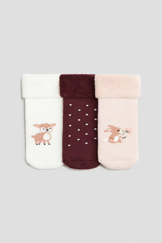 3-pack Terry Socks - Dark red/dotted/Gray/sheep/White/hearts/Red/bear/Turquoise/animals - 1