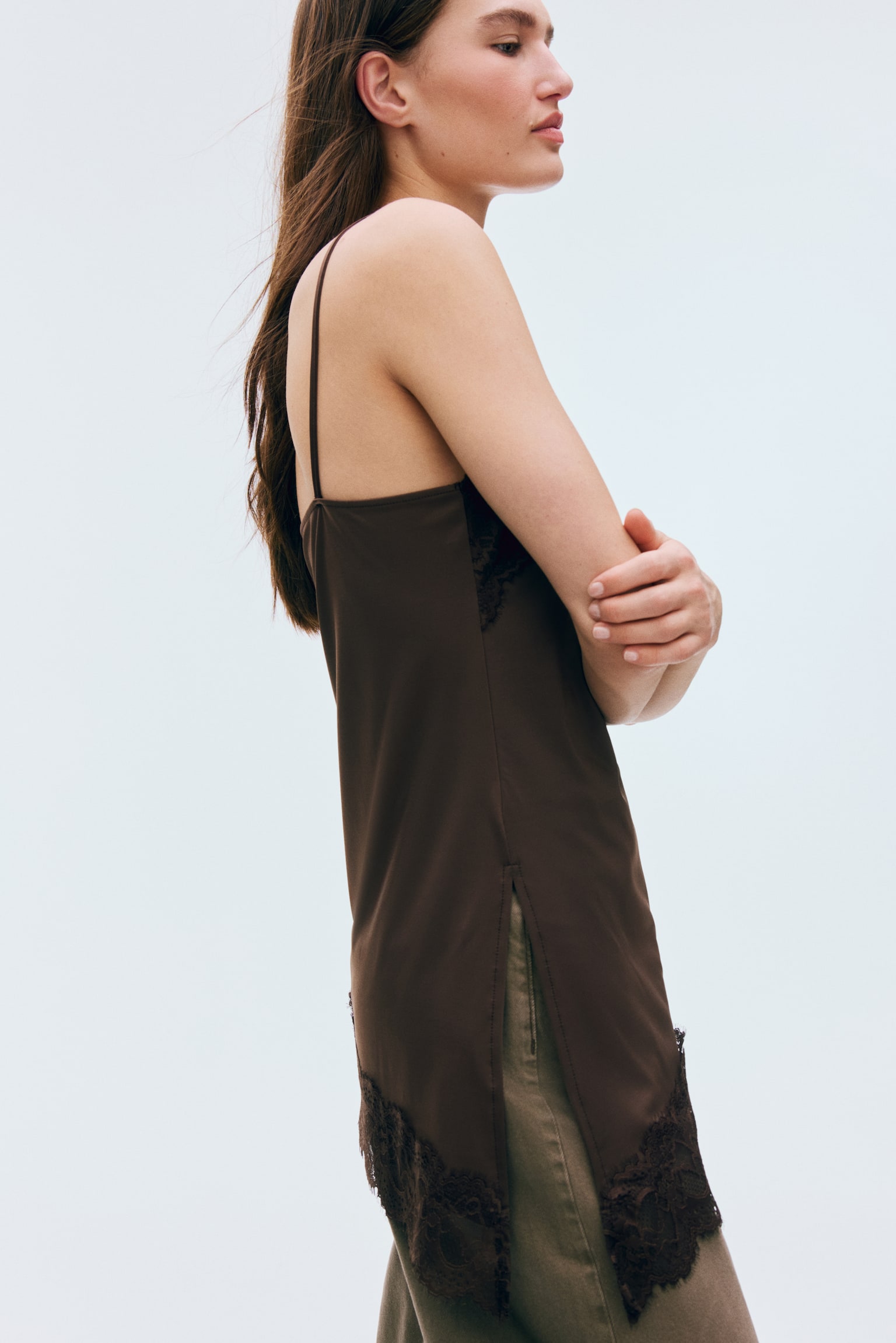 Džersejové tielko s čipkou - Tmavohnedá/Biela/Čierna - 3