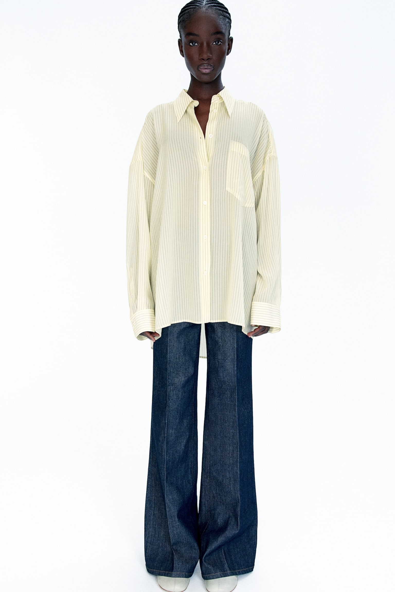 Oversized silk-blend shirt - Light yellow/Pinstriped - 1