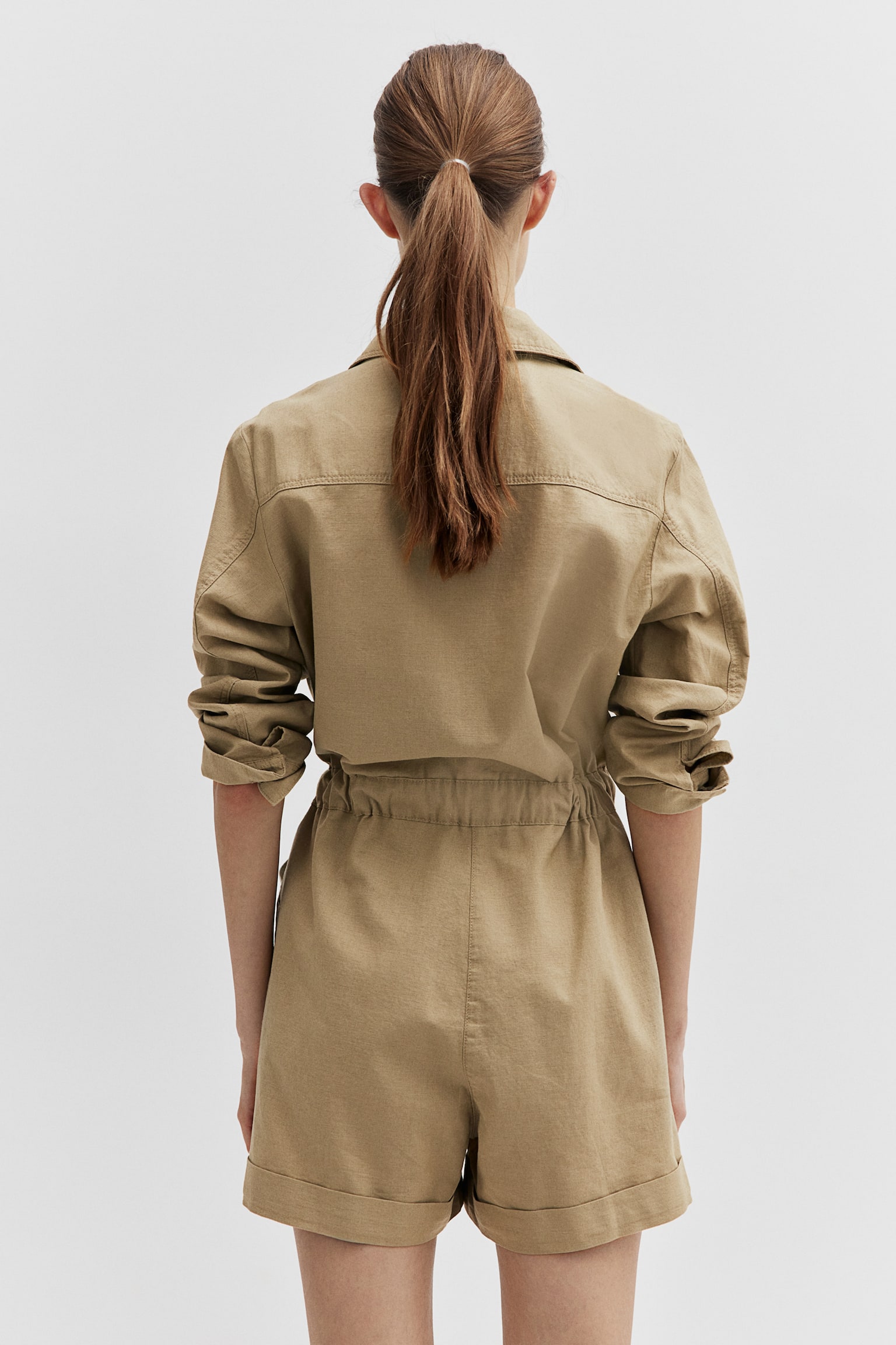 Linen Blend Cargo Playsuit - Beige - 5