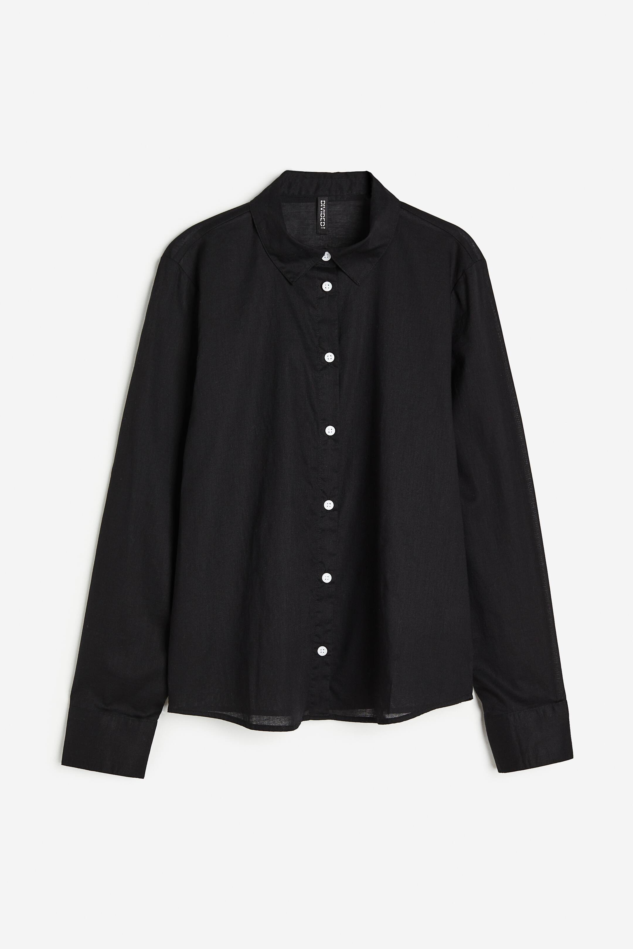 Cotton Shirt Long sleeve Regular length Black Ladies H&M US