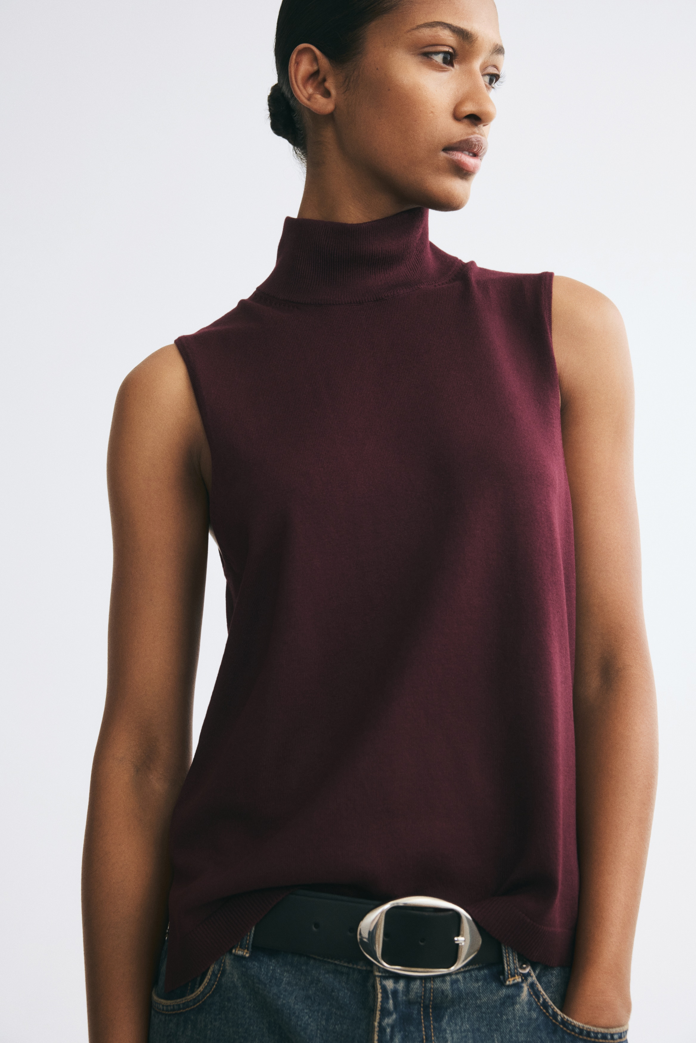 Turtleneck sweater vest - Burgundy/Cream/Beige
