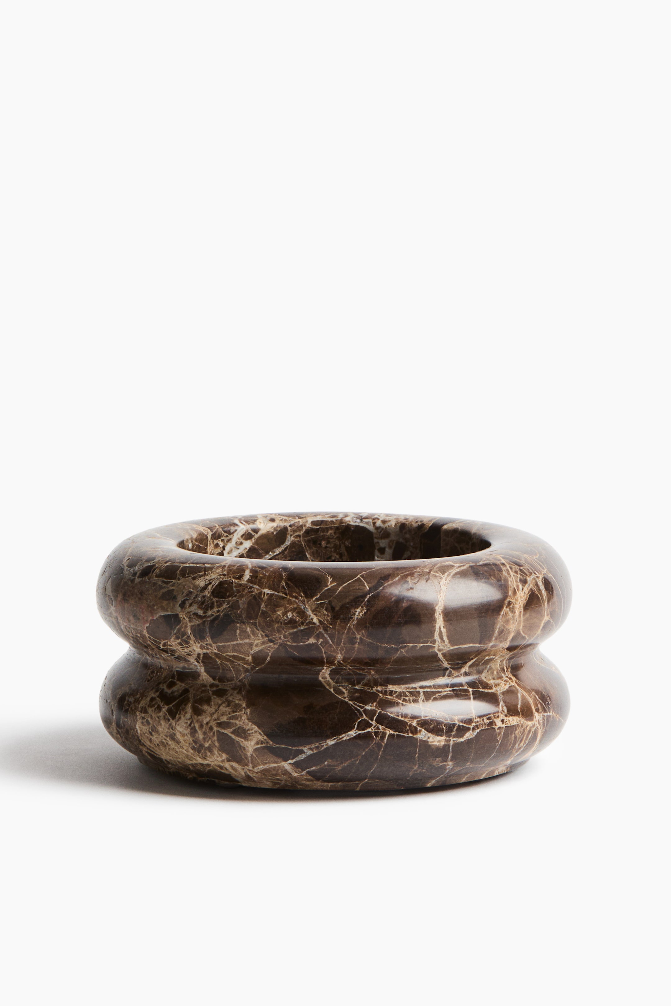 View larger image: A brown marble bowl showcases a rounded, contoured shape with a central indentation. It features intricate white and light brown veining across its entire surface.