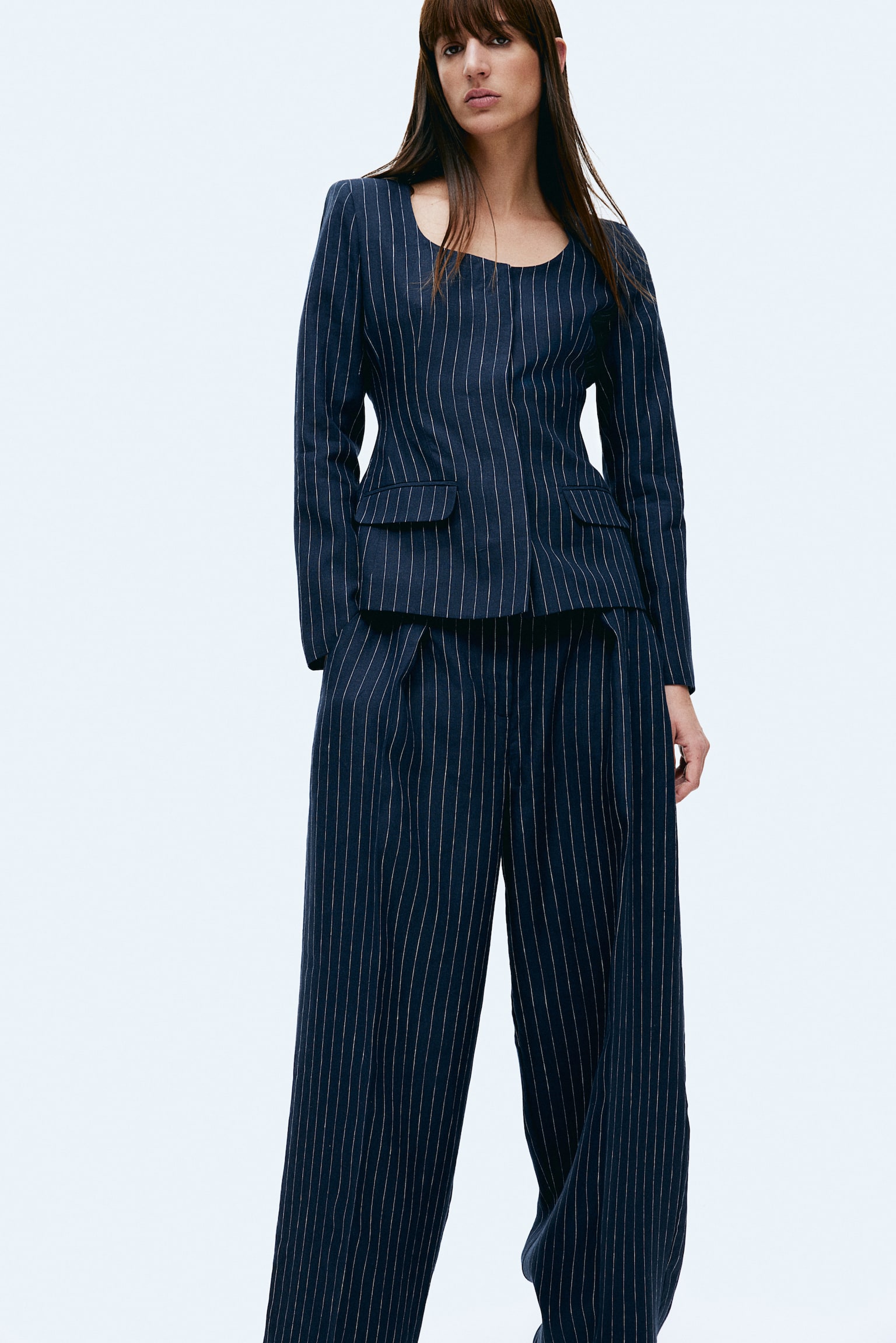 Waisted Linen Blazer - Navy blue/Pinstripe - 1