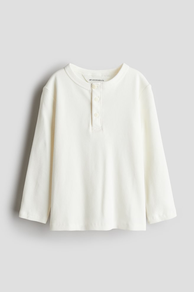 Cotton Henley Shirt - White/Dark beige/Light blue - 1